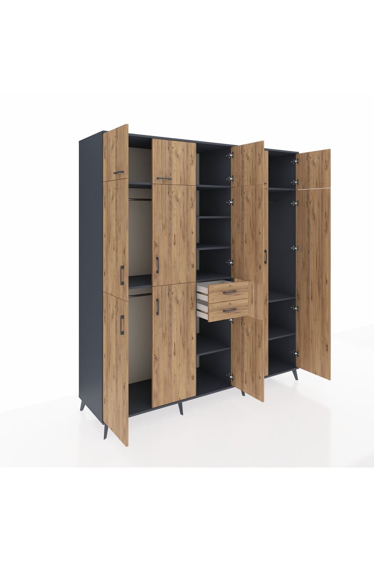 Kronos Dolap 10 Raflı 2 Çekmeceli 3 Askılı 220x59x243 Antrasit-Çam/Çam