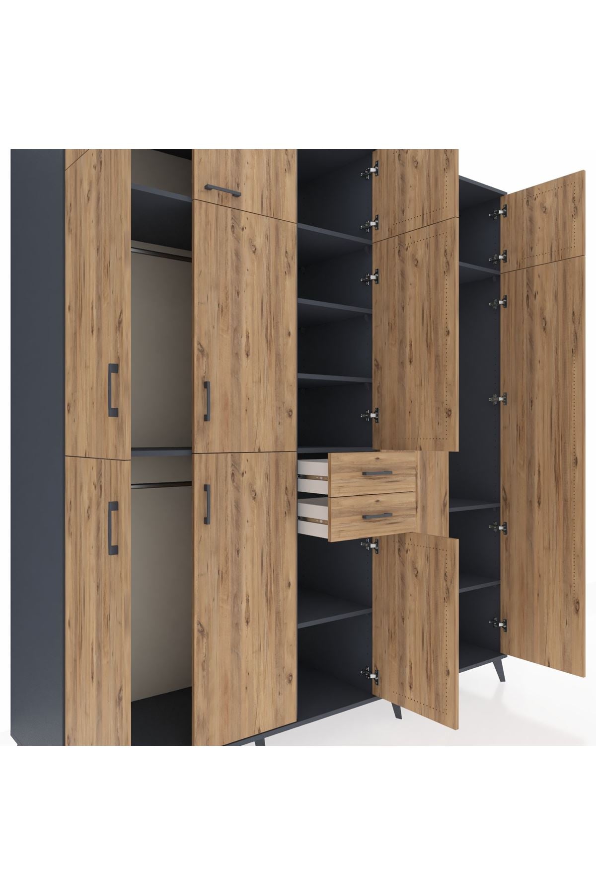 Kronos Dolap 10 Raflı 2 Çekmeceli 3 Askılı 220x59x243 Antrasit-Çam/Çam