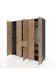 Kronos Dolap 10 Raflı 2 Çekmeceli 3 Askılı 220x59x243 Antrasit-Çam/Çam