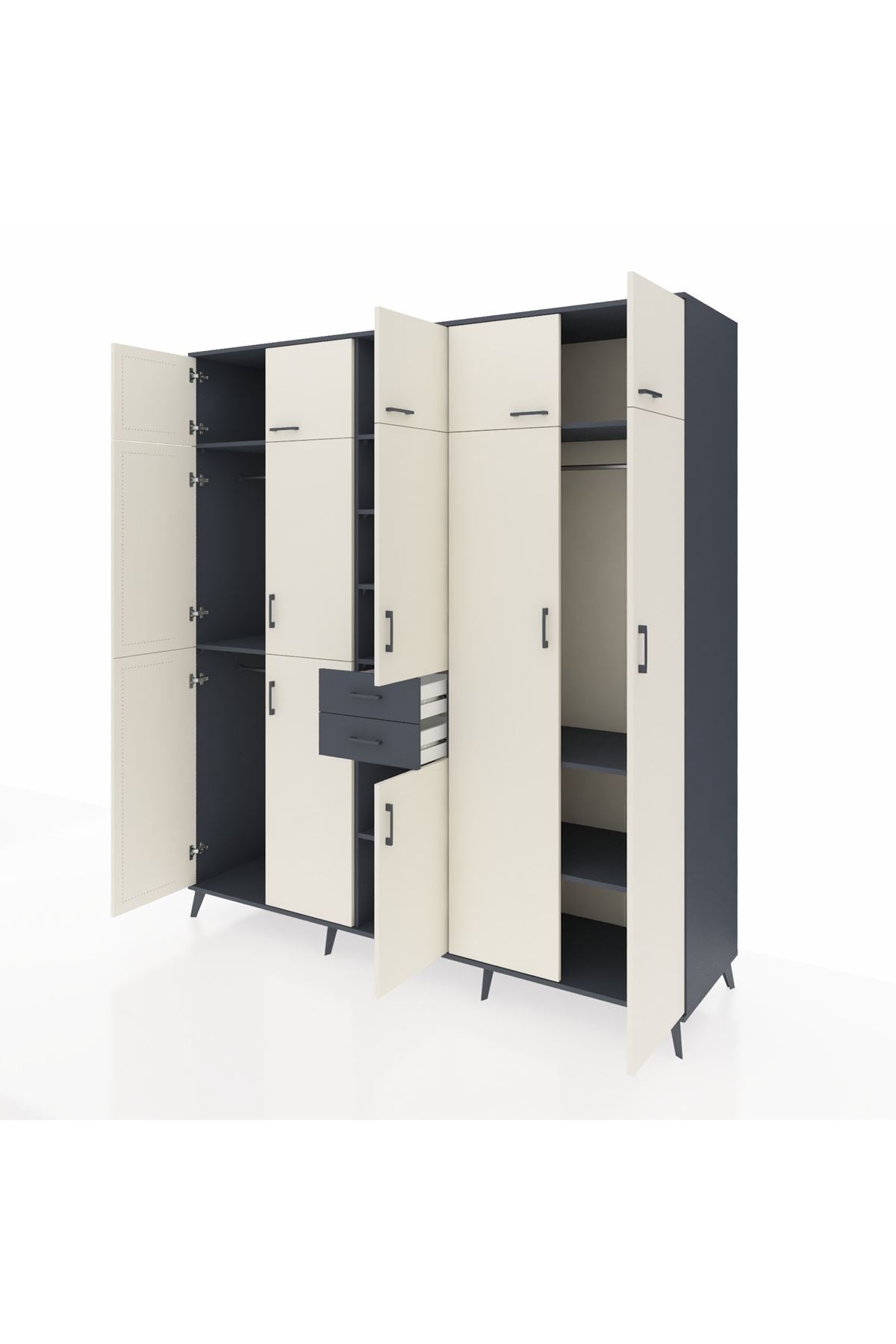 Kronos Dolap 10 Raflı 2 Çekmeceli 3 Askılı 220x59x243 Antrasit-Aytaşı/Antrasit