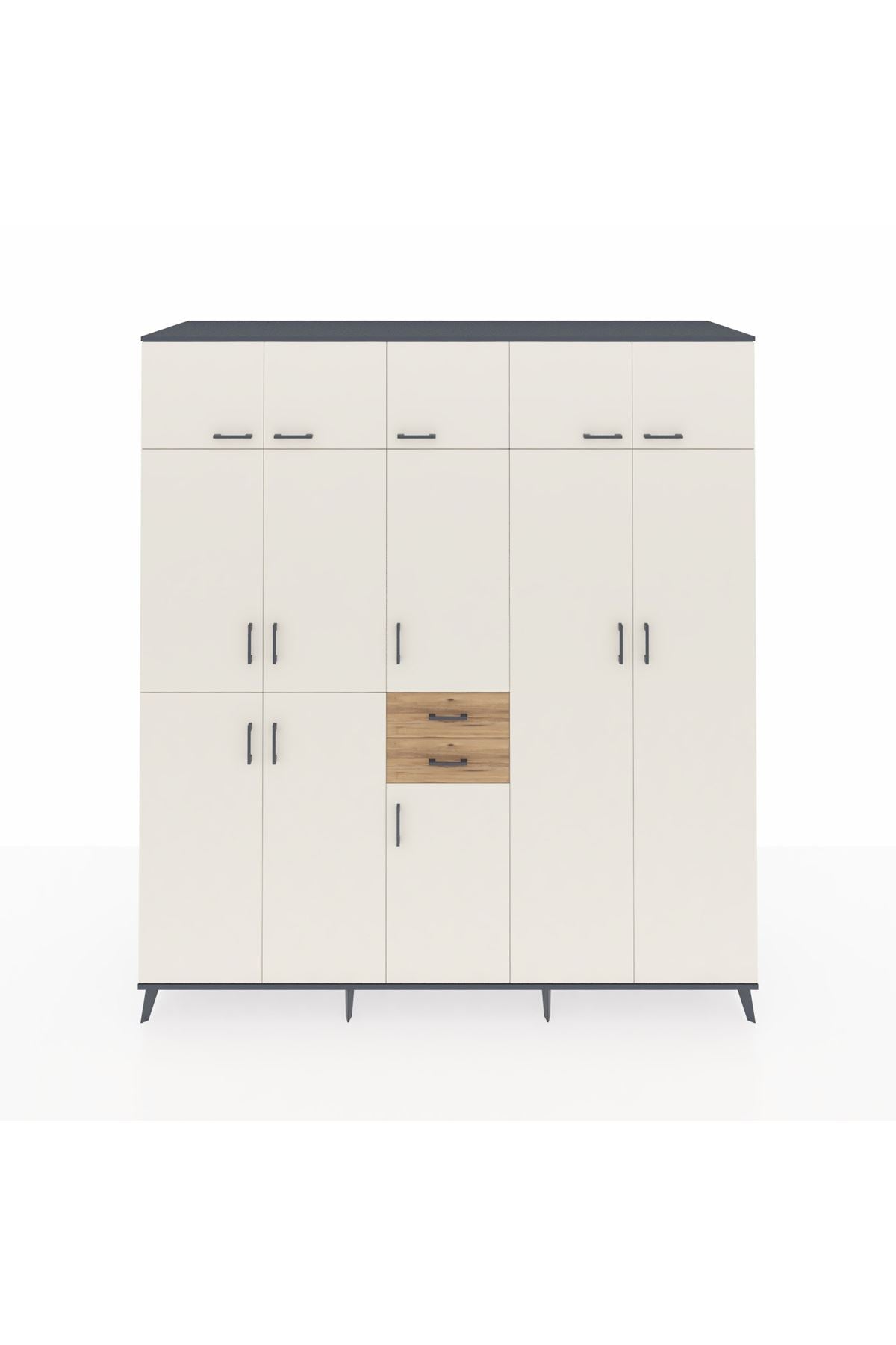 Kronos Dolap 10 Raflı 2 Çekmeceli 3 Askılı 220x59x243 Antrasit-Aytaşı/Çam