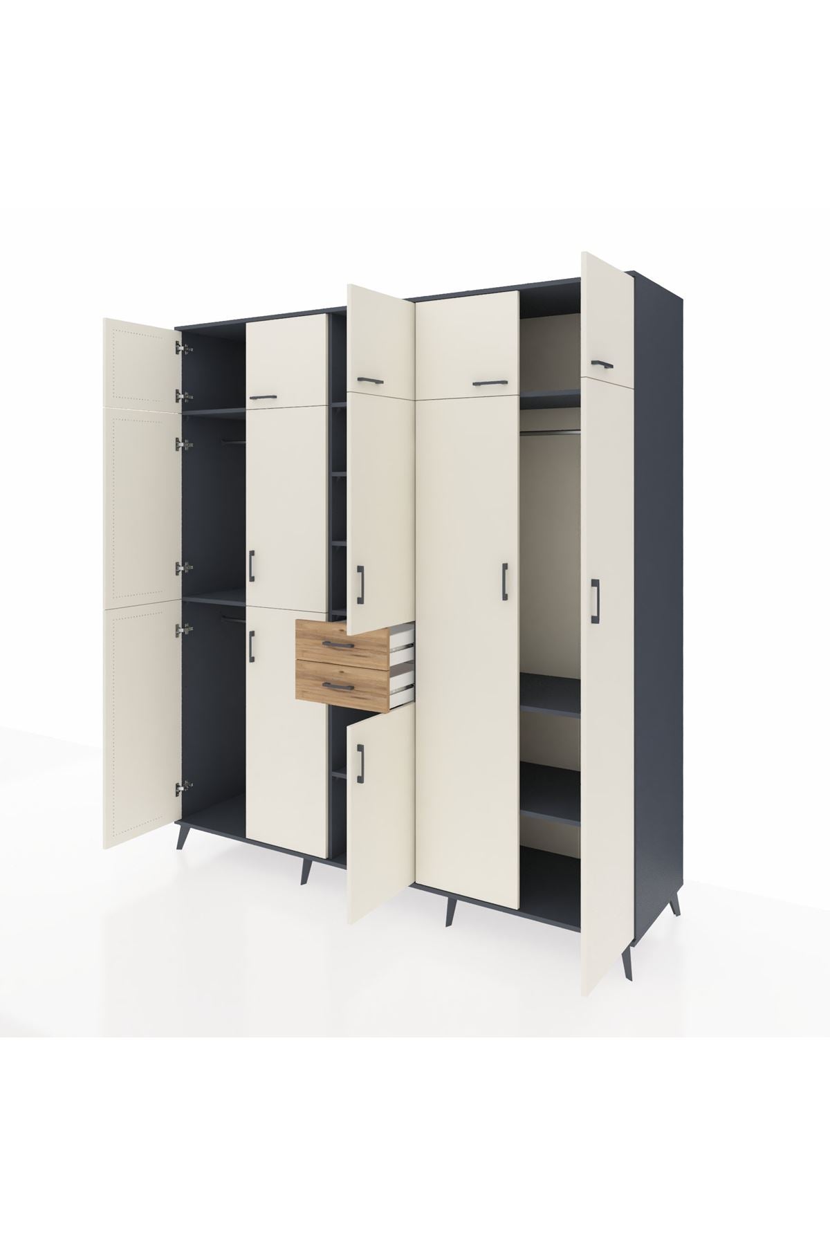 Kronos Dolap 10 Raflı 2 Çekmeceli 3 Askılı 220x59x243 Antrasit-Aytaşı/Çam