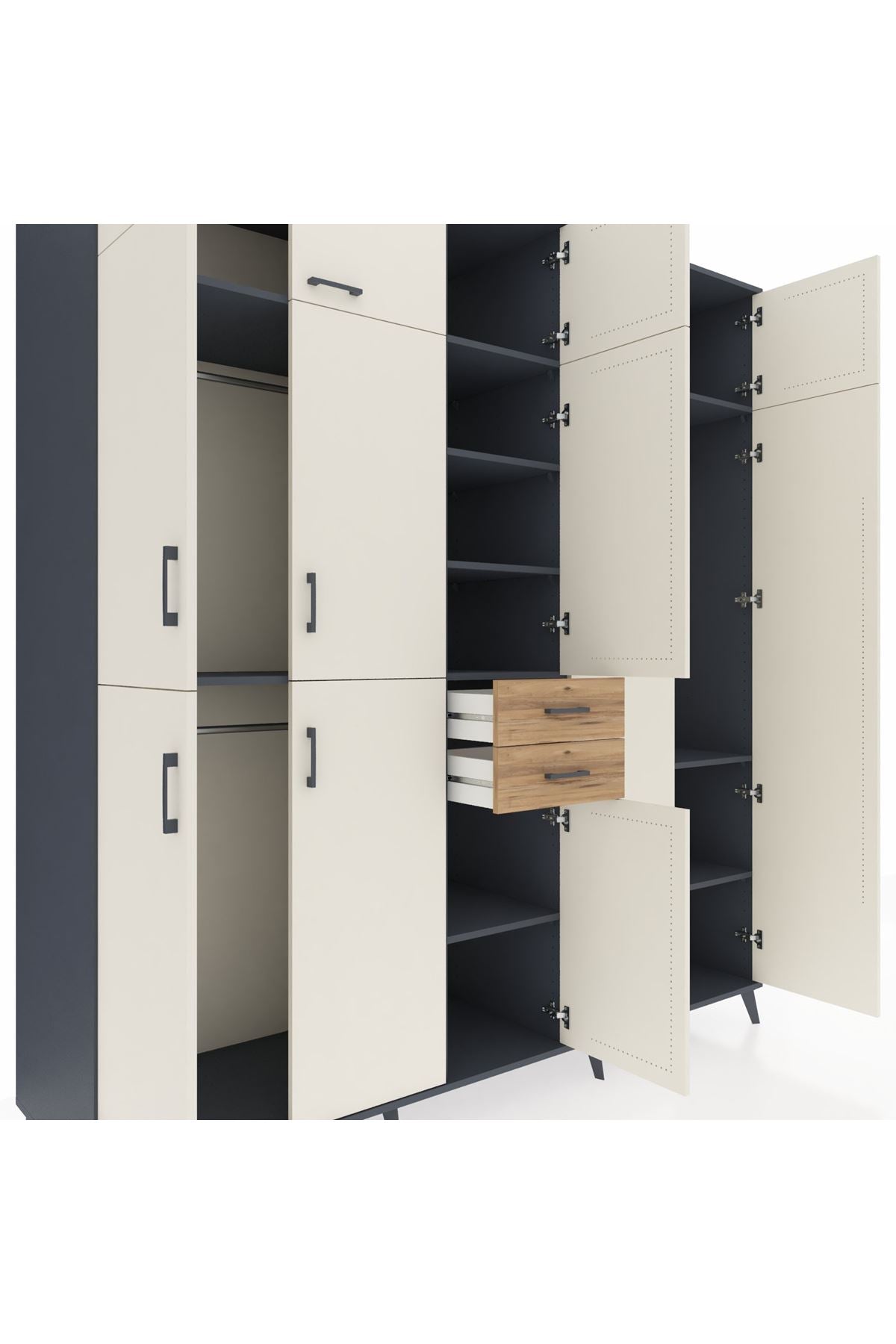 Kronos Dolap 10 Raflı 2 Çekmeceli 3 Askılı 220x59x243 Antrasit-Aytaşı/Çam