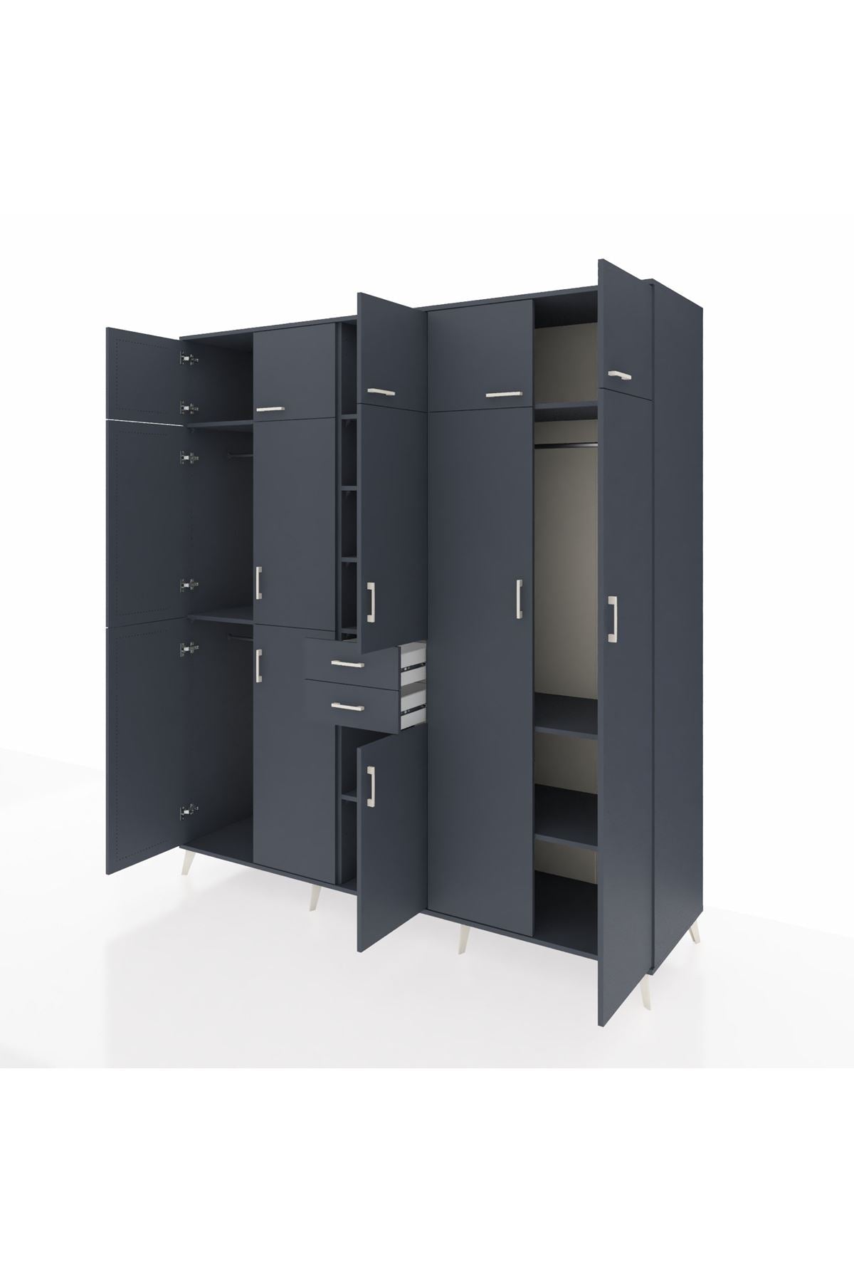 Kronos Dolap 10 Raflı 2 Çekmeceli 3 Askılı 220x59x243 Antrasit-Antrasit/Antrasit