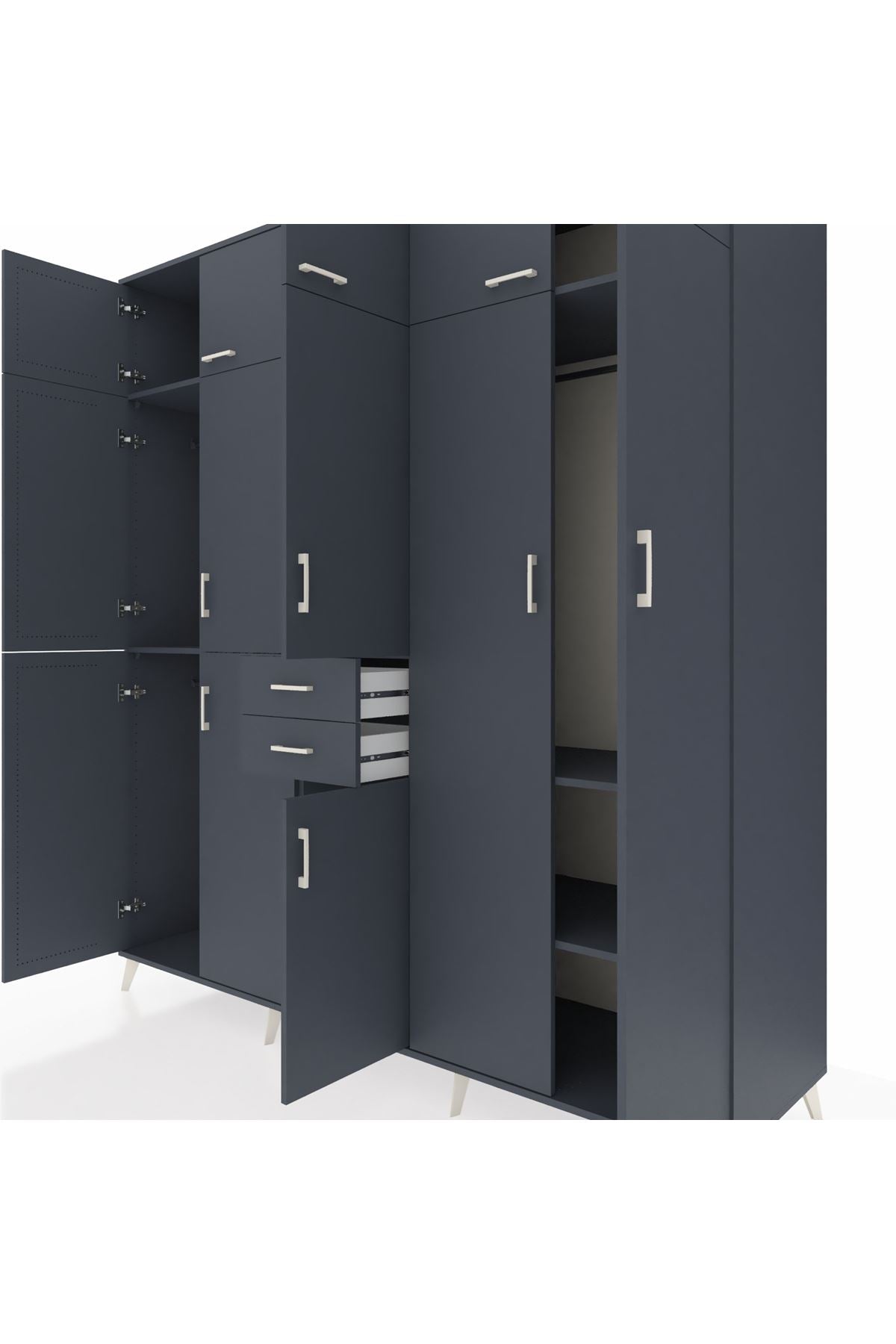 Kronos Dolap 10 Raflı 2 Çekmeceli 3 Askılı 220x59x243 Antrasit-Antrasit/Antrasit