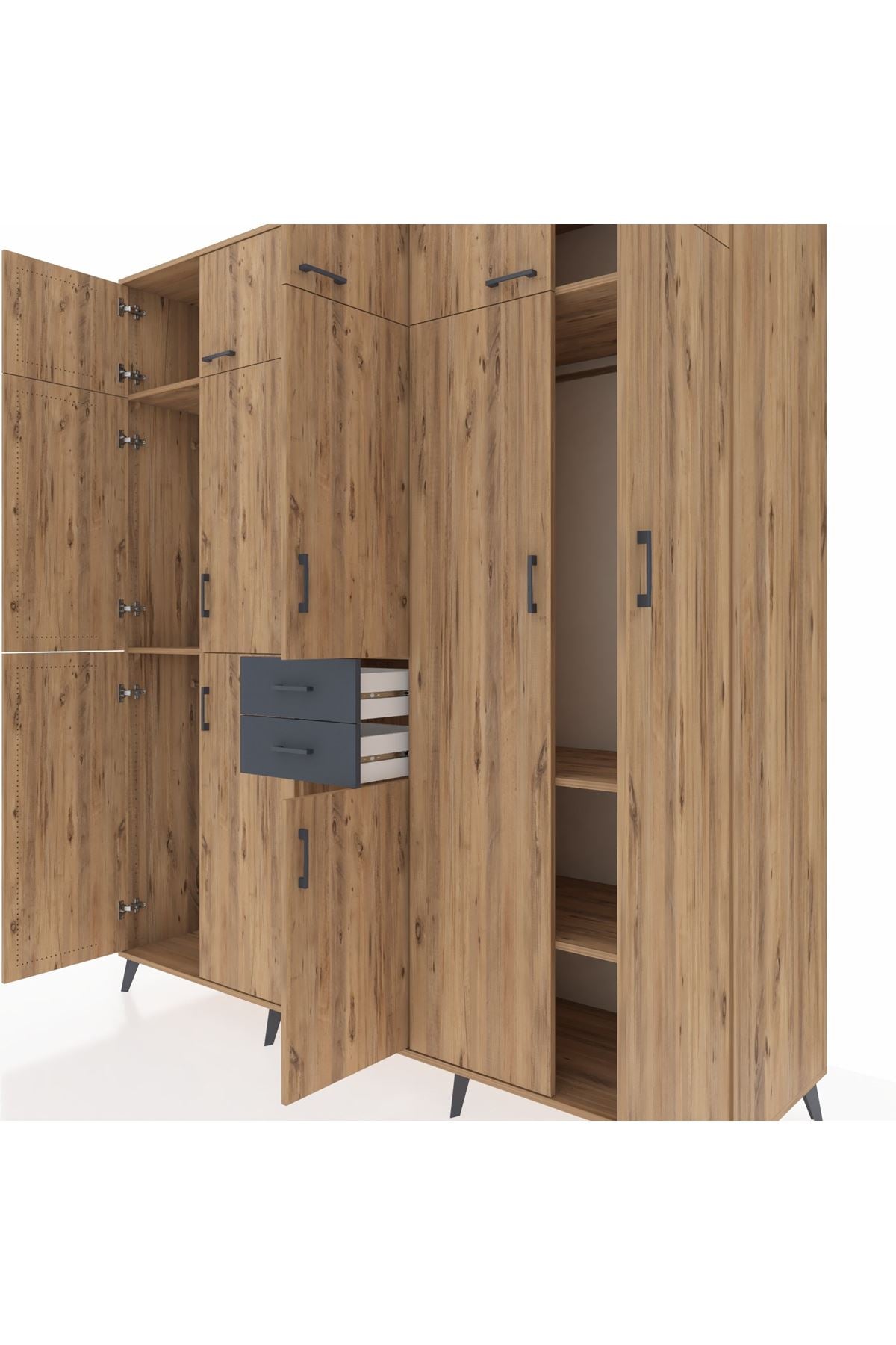 Kronos Dolap 10 Raflı 2 Çekmeceli 3 Askılı 220x59x243 Çam-Çam/Antrasit