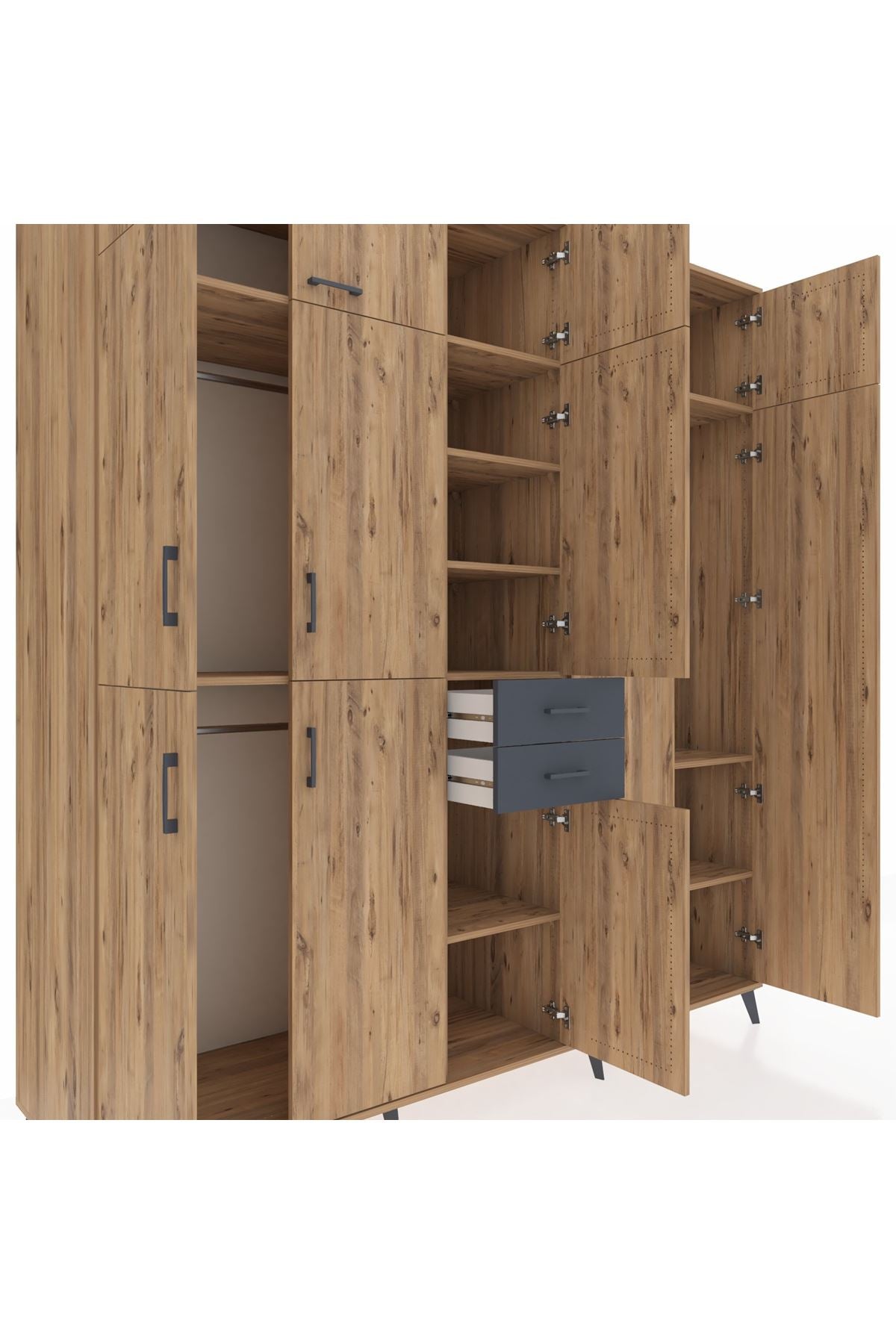 Kronos Dolap 10 Raflı 2 Çekmeceli 3 Askılı 220x59x243 Çam-Çam/Antrasit