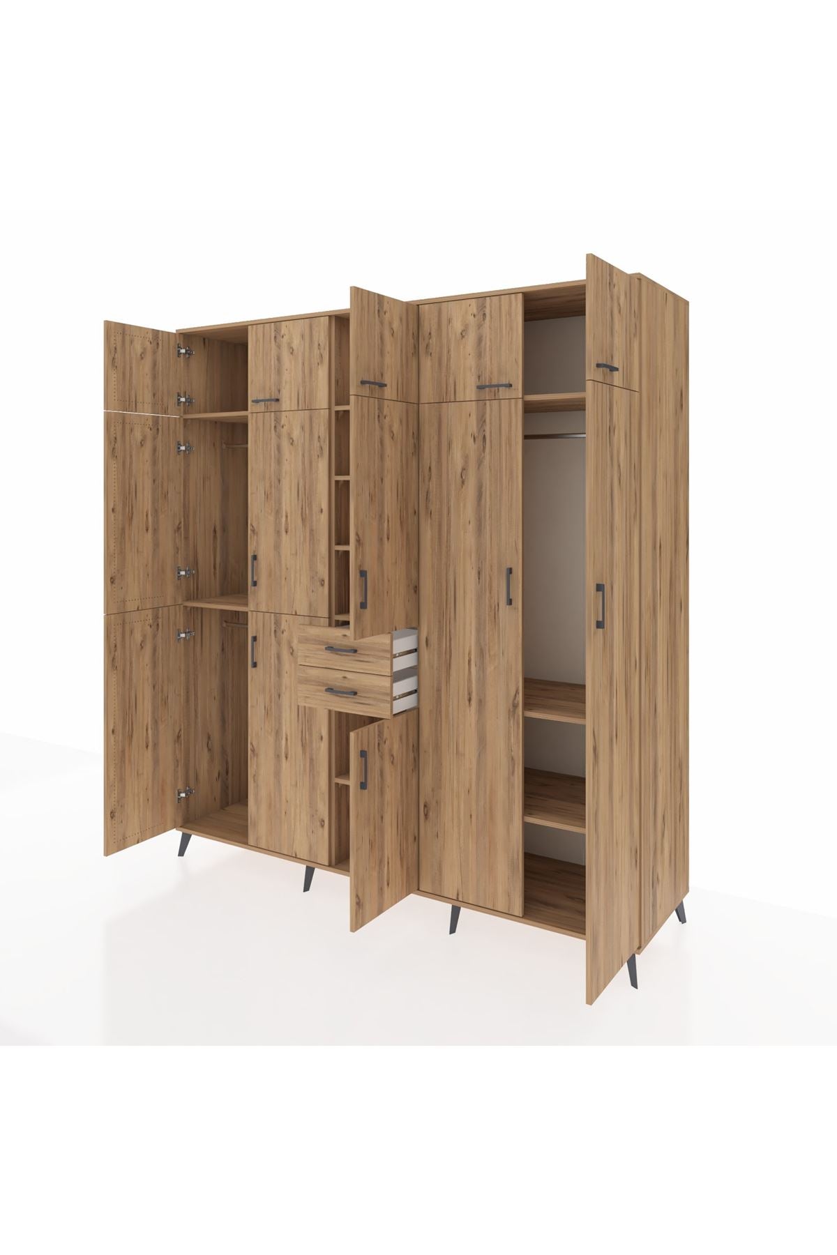 Kronos Dolap 10 Raflı 2 Çekmeceli 3 Askılı 220x59x243 Çam-Çam/Çam