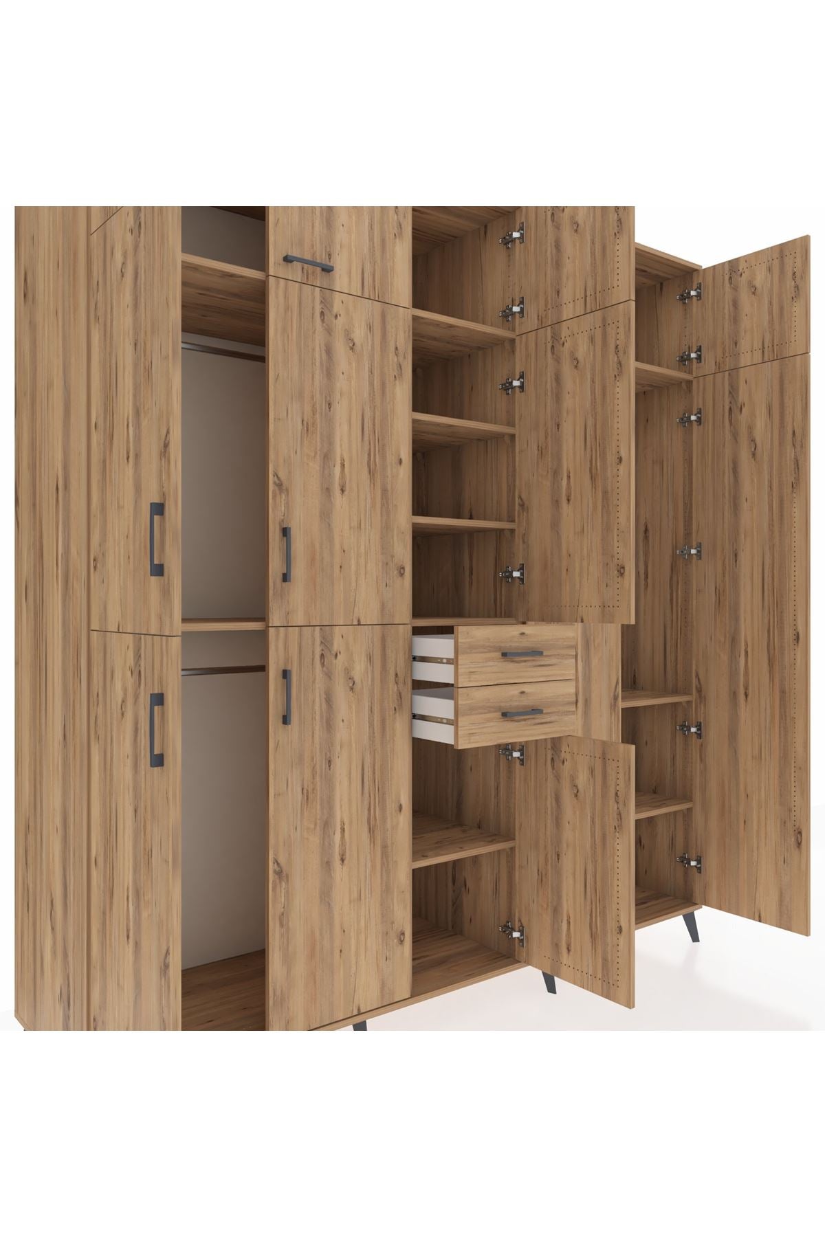 Kronos Dolap 10 Raflı 2 Çekmeceli 3 Askılı 220x59x243 Çam-Çam/Çam