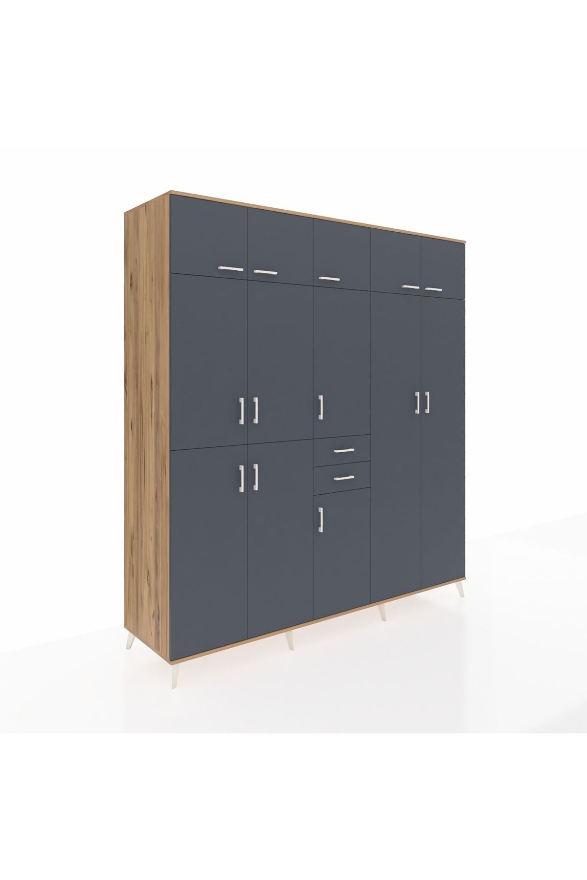 Kronos Dolap 10 Raflı 2 Çekmeceli 3 Askılı 220x59x243 Çam-Antrasit/Antrasit