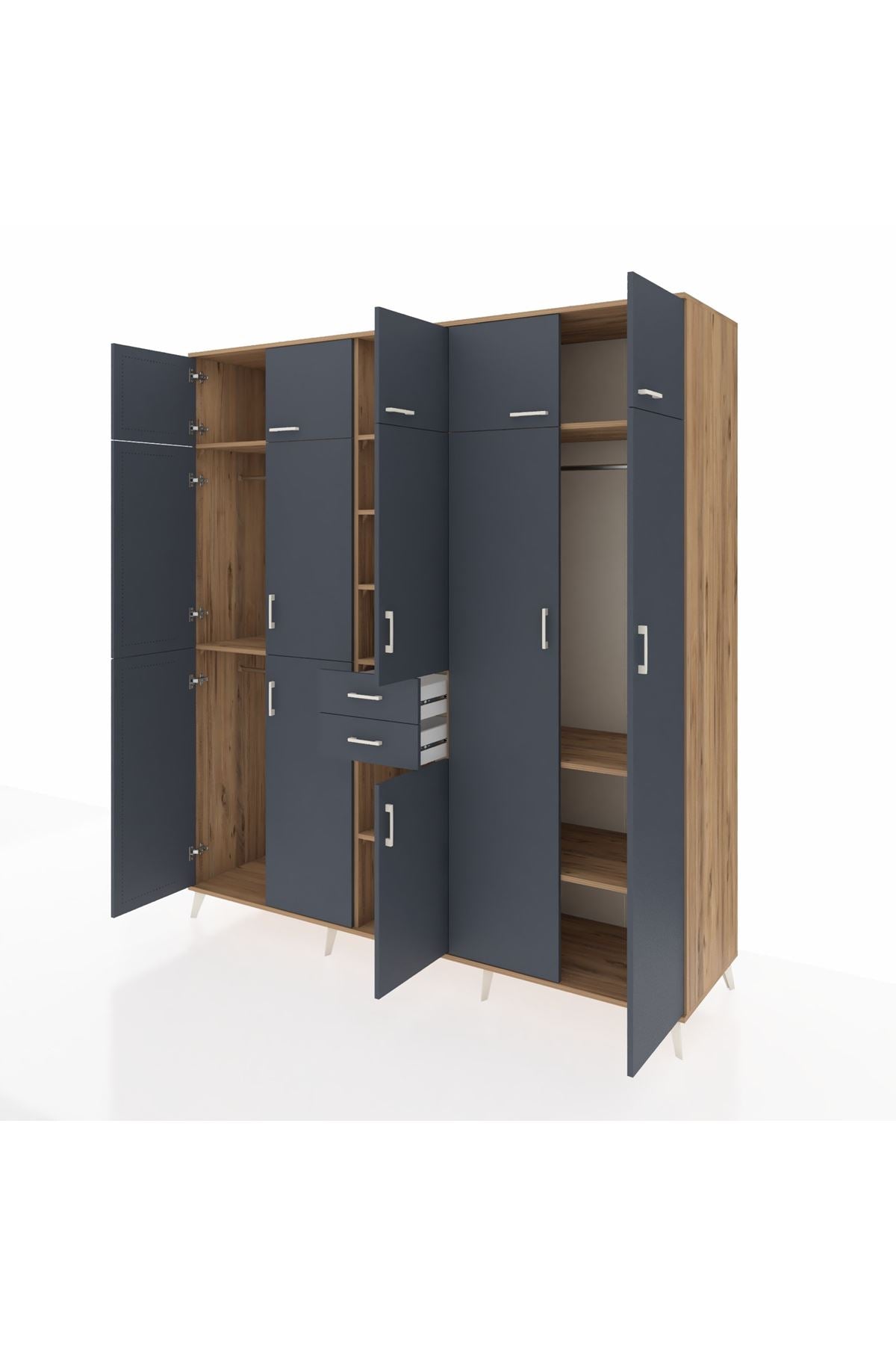 Kronos Dolap 10 Raflı 2 Çekmeceli 3 Askılı 220x59x243 Çam-Antrasit/Antrasit