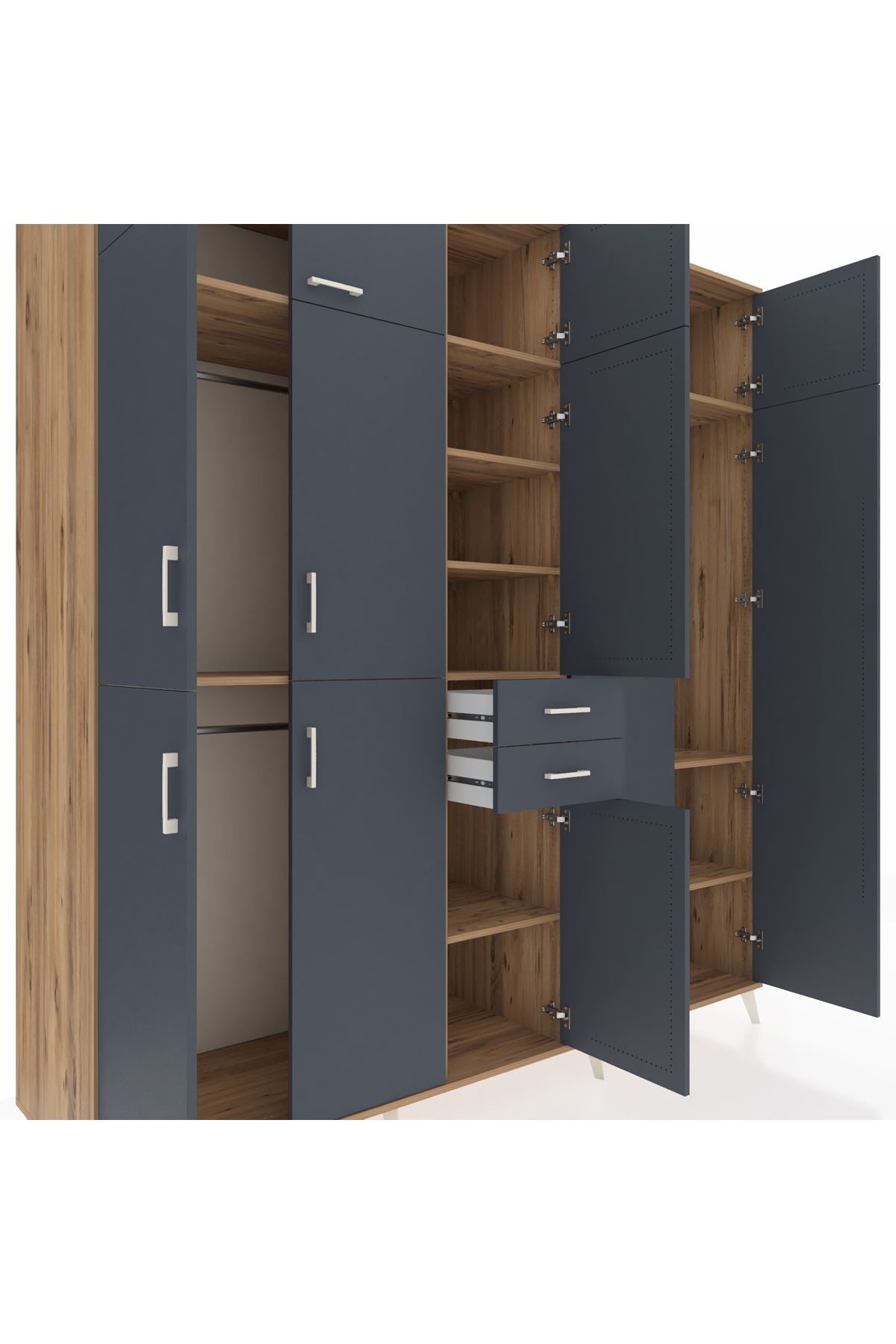 Kronos Dolap 10 Raflı 2 Çekmeceli 3 Askılı 220x59x243 Çam-Antrasit/Antrasit