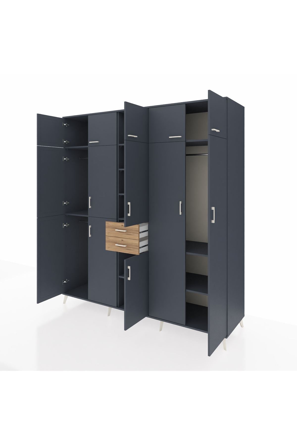 Kronos Dolap 10 Raflı 2 Çekmeceli 3 Askılı 220x59x243 Antrasit-Antrasit/Çam