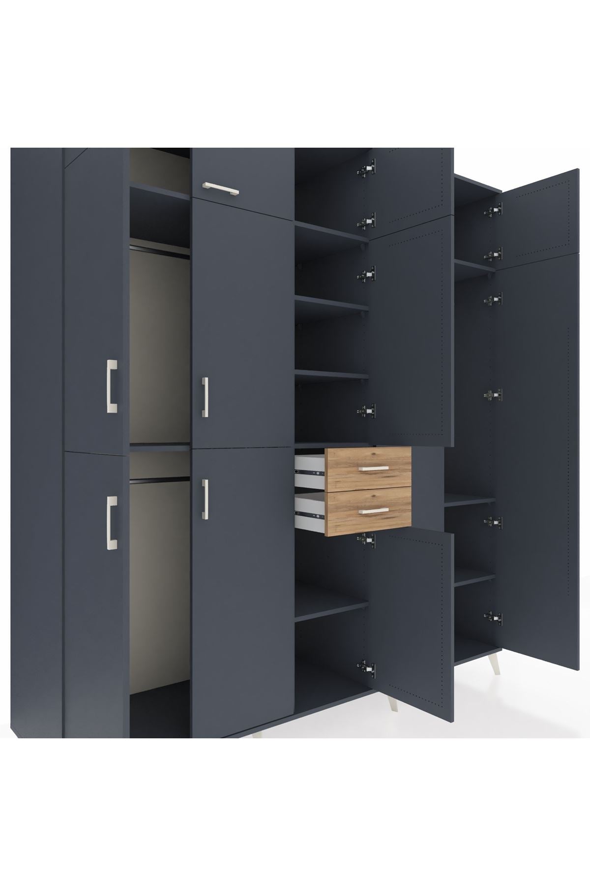 Kronos Dolap 10 Raflı 2 Çekmeceli 3 Askılı 220x59x243 Antrasit-Antrasit/Çam