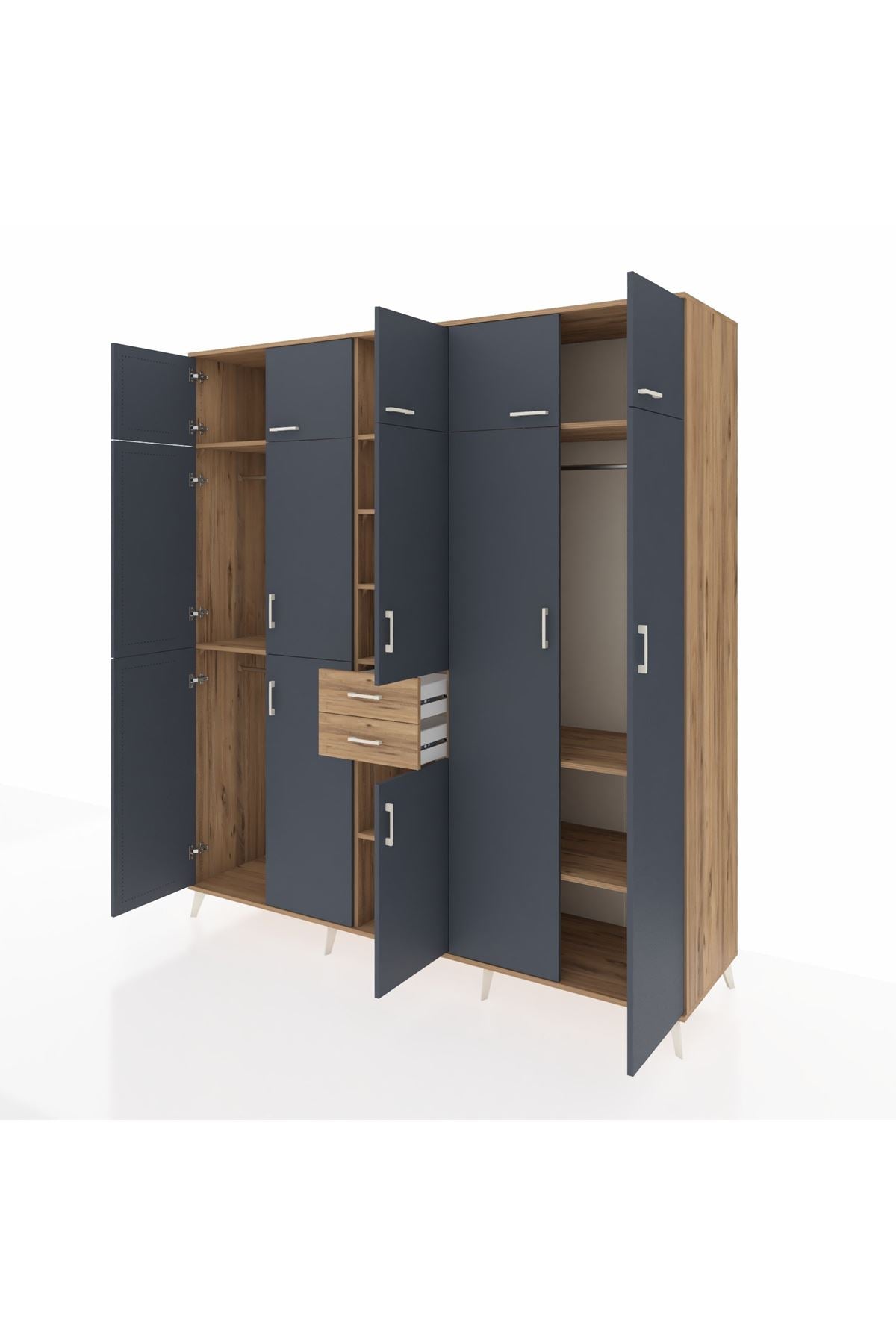 Kronos Dolap 10 Raflı 2 Çekmeceli 3 Askılı 220x59x243 Çam-Antrasit/Çam