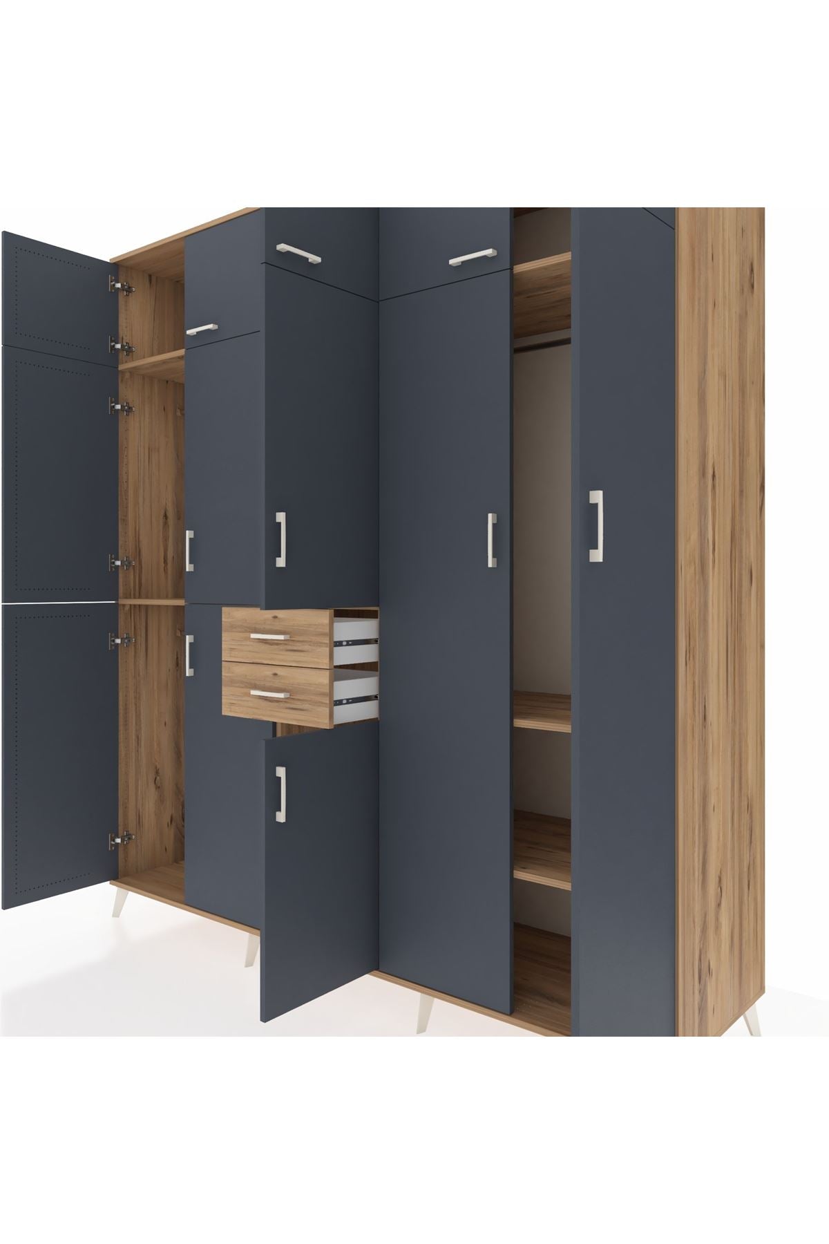 Kronos Dolap 10 Raflı 2 Çekmeceli 3 Askılı 220x59x243 Çam-Antrasit/Çam