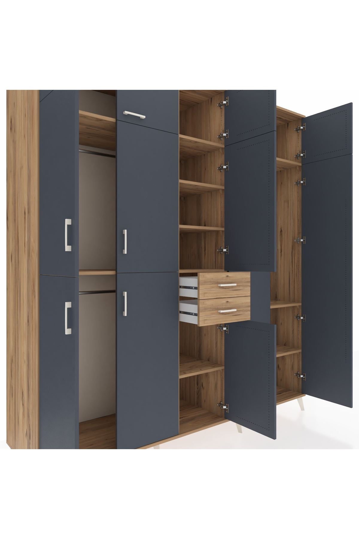 Kronos Dolap 10 Raflı 2 Çekmeceli 3 Askılı 220x59x243 Çam-Antrasit/Çam