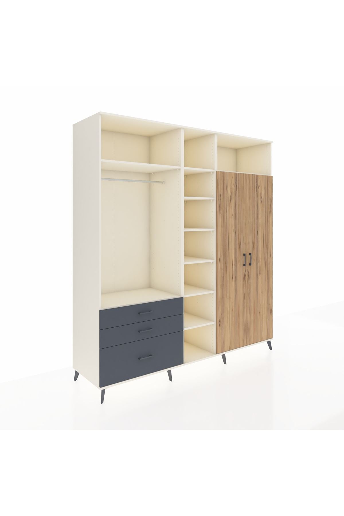 Kronos Dolap 10 Raflı 3 Çekmeceli 2 Askılı 220x59x243 Aytaşı-Çam/Antrasit