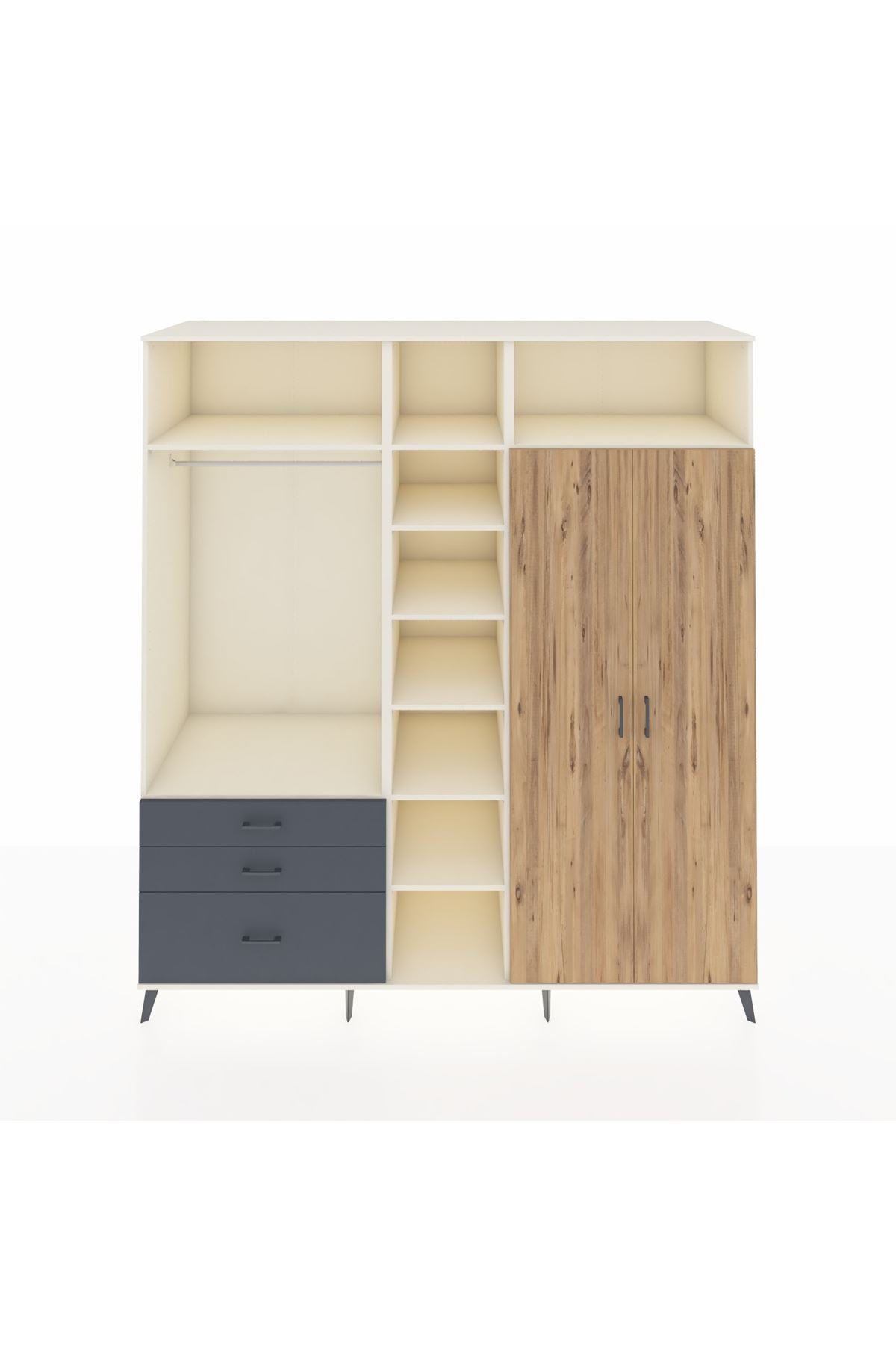 Kronos Dolap 10 Raflı 3 Çekmeceli 2 Askılı 220x59x243 Aytaşı-Çam/Antrasit