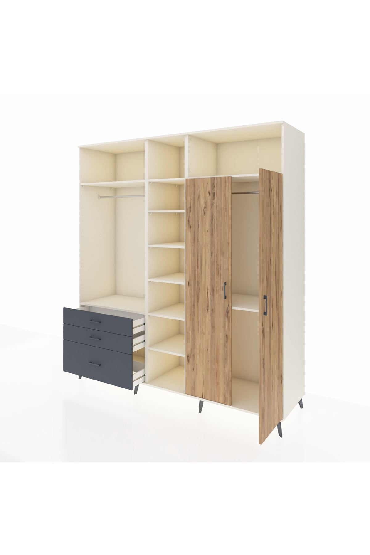 Kronos Dolap 10 Raflı 3 Çekmeceli 2 Askılı 220x59x243 Aytaşı-Çam/Antrasit