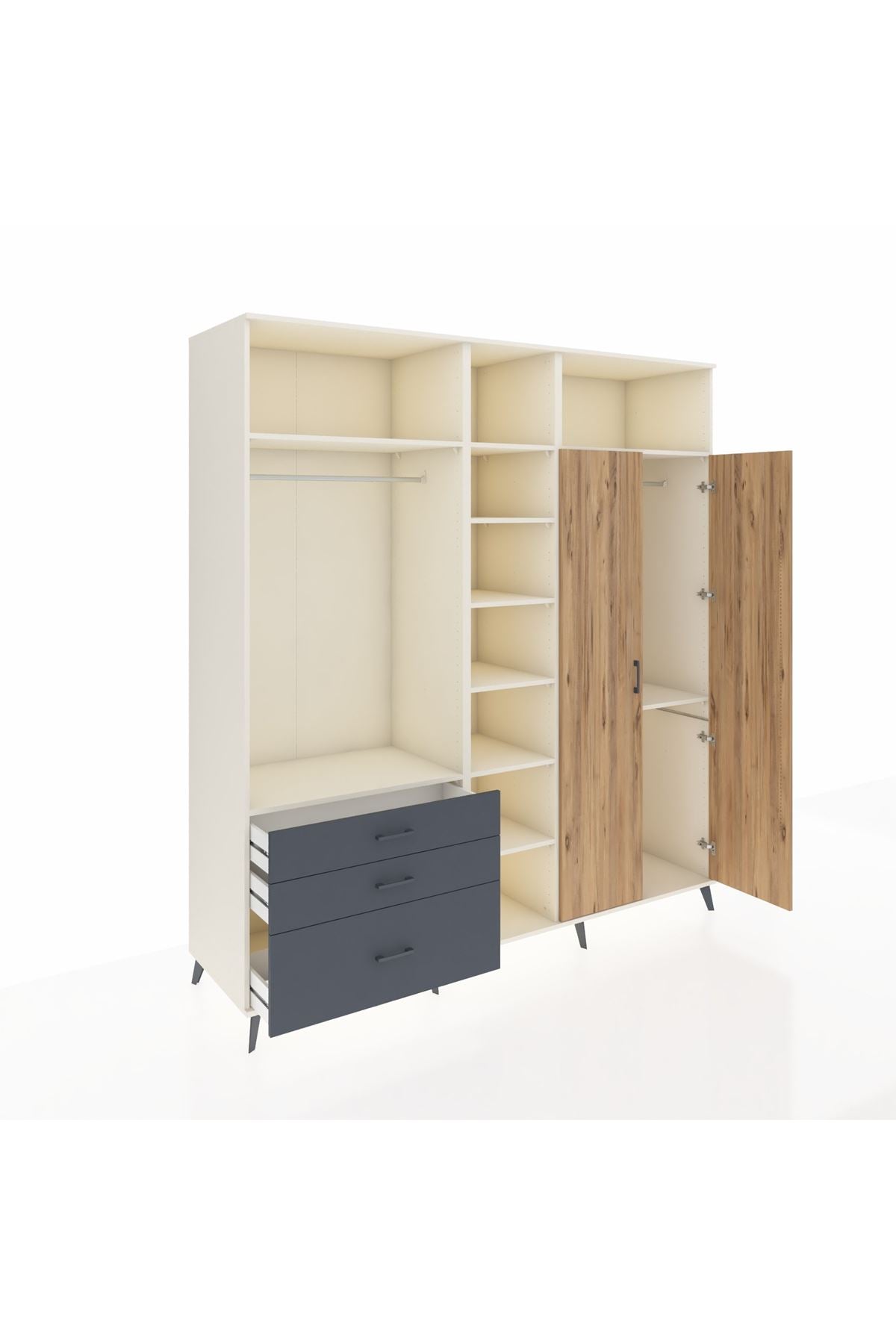 Kronos Dolap 10 Raflı 3 Çekmeceli 2 Askılı 220x59x243 Aytaşı-Çam/Antrasit