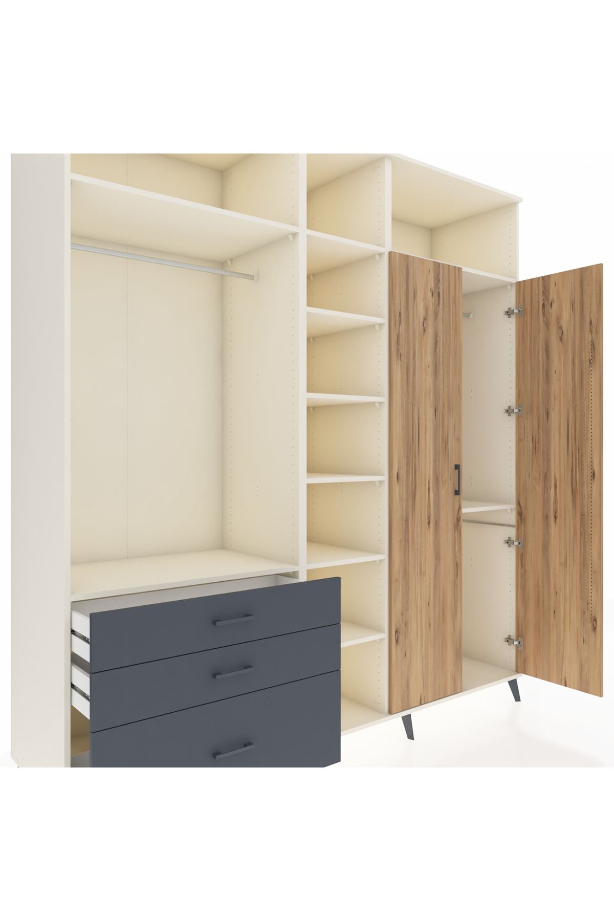 Kronos Dolap 10 Raflı 3 Çekmeceli 2 Askılı 220x59x243 Aytaşı-Çam/Antrasit