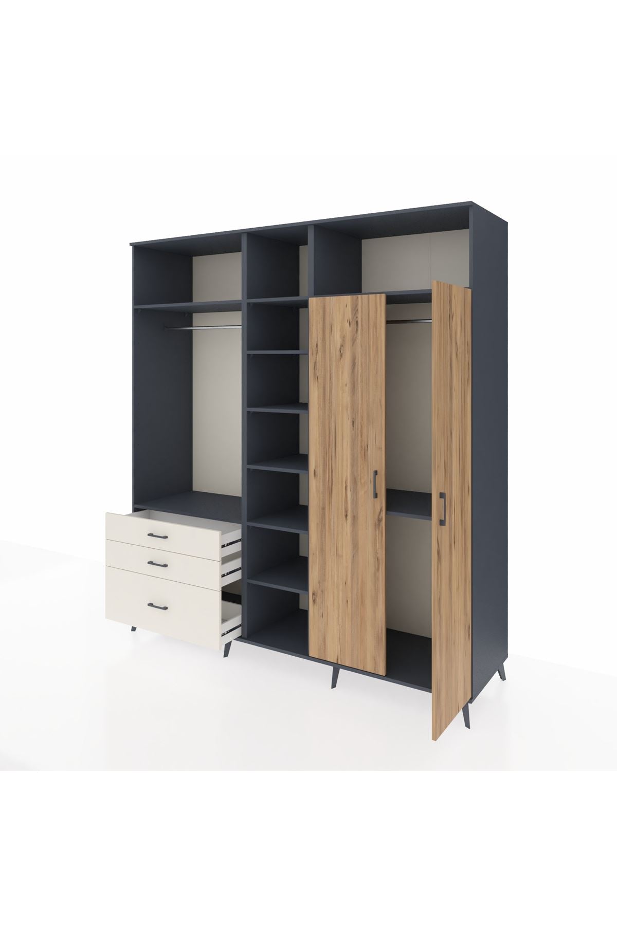 Kronos Dolap 10 Raflı 3 Çekmeceli 2 Askılı 220x59x243 Antrasit-Çam/Aytaşı