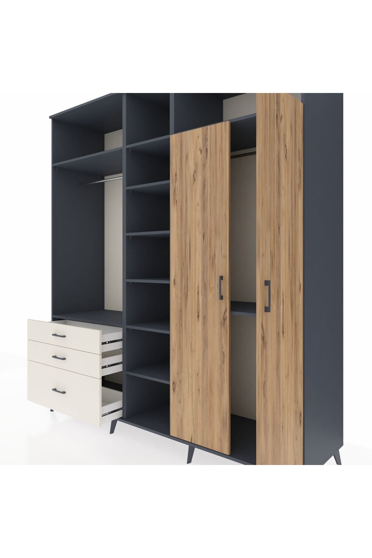 Kronos Dolap 10 Raflı 3 Çekmeceli 2 Askılı 220x59x243 Antrasit-Çam/Aytaşı