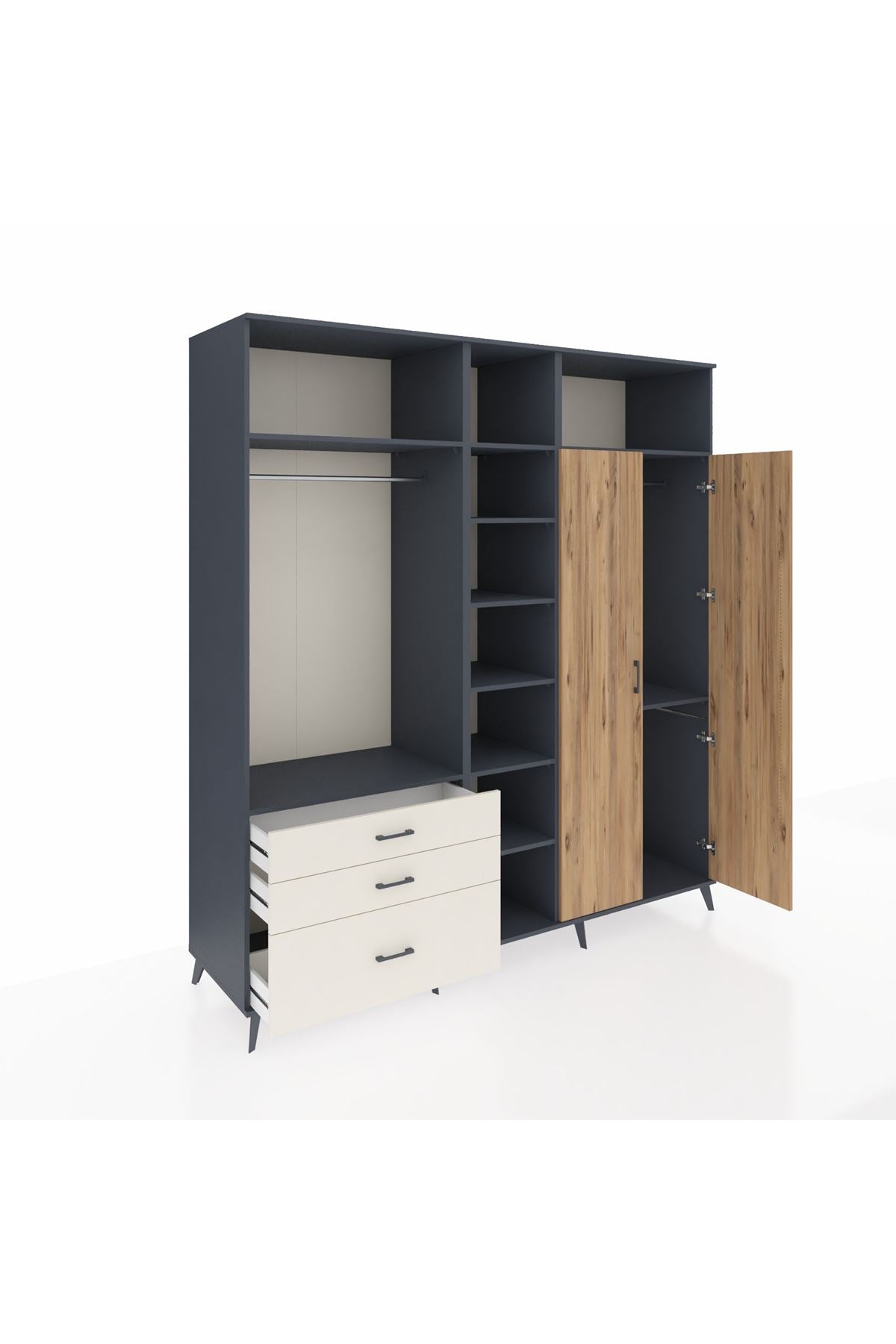 Kronos Dolap 10 Raflı 3 Çekmeceli 2 Askılı 220x59x243 Antrasit-Çam/Aytaşı