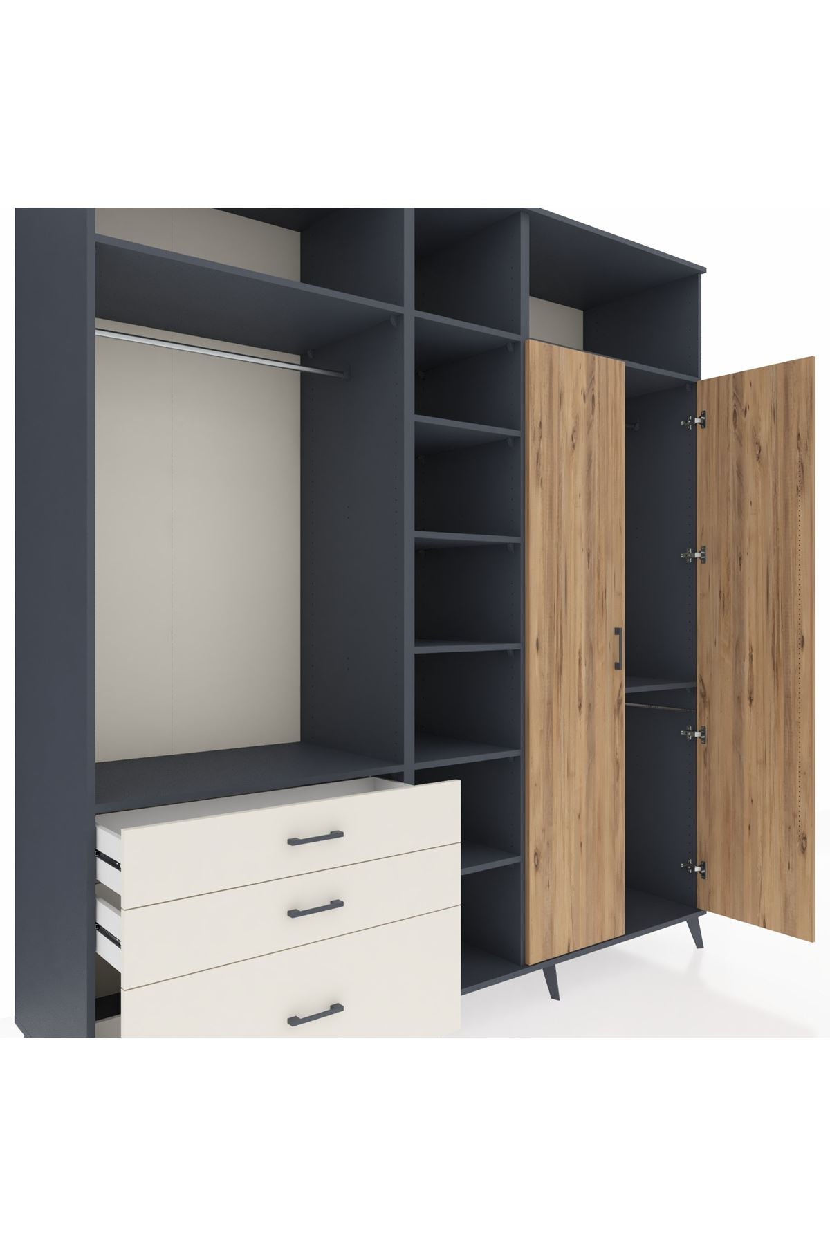 Kronos Dolap 10 Raflı 3 Çekmeceli 2 Askılı 220x59x243 Antrasit-Çam/Aytaşı