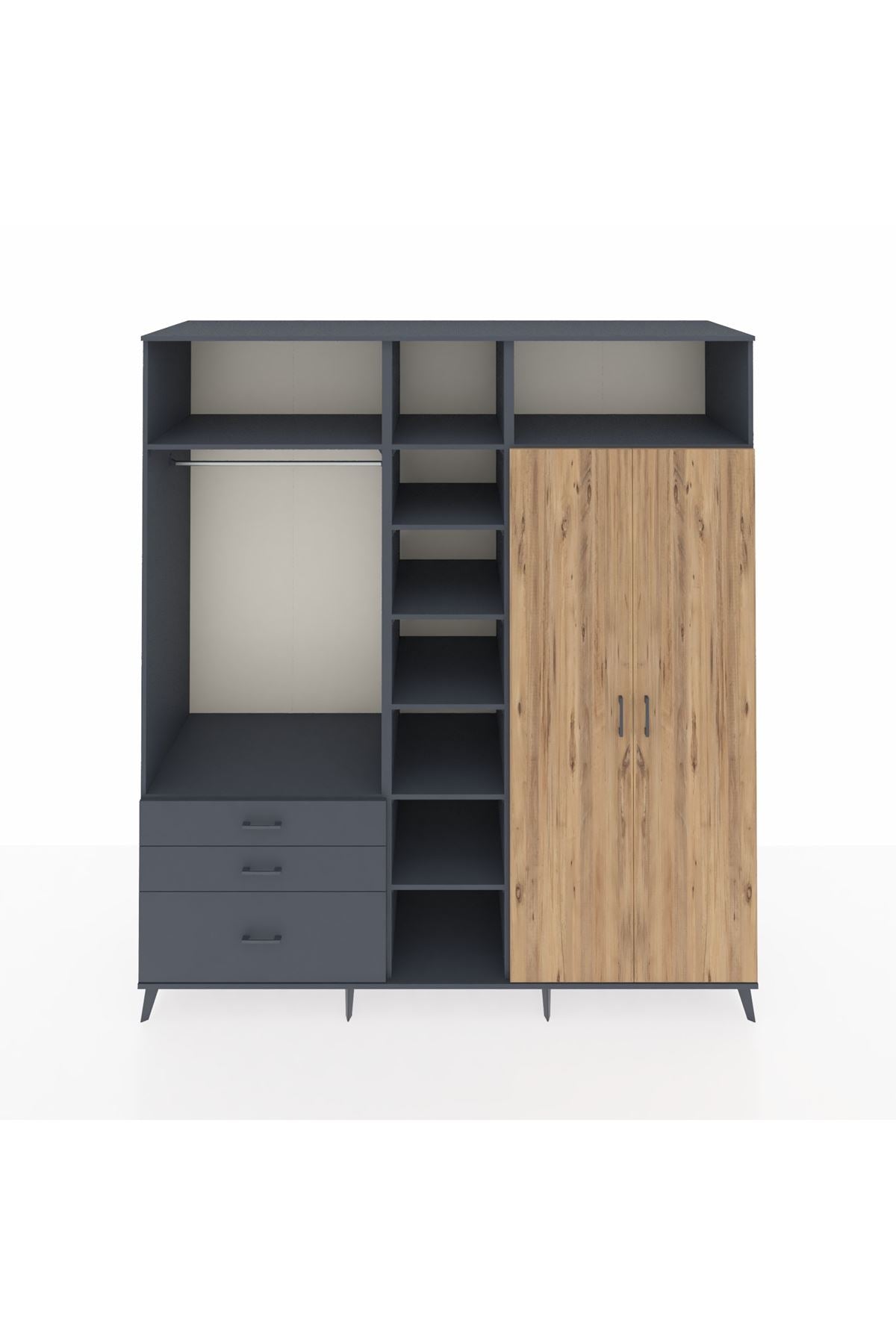 Kronos Dolap 10 Raflı 3 Çekmeceli 2 Askılı 220x59x243 Antrasit-Çam/Antrasit