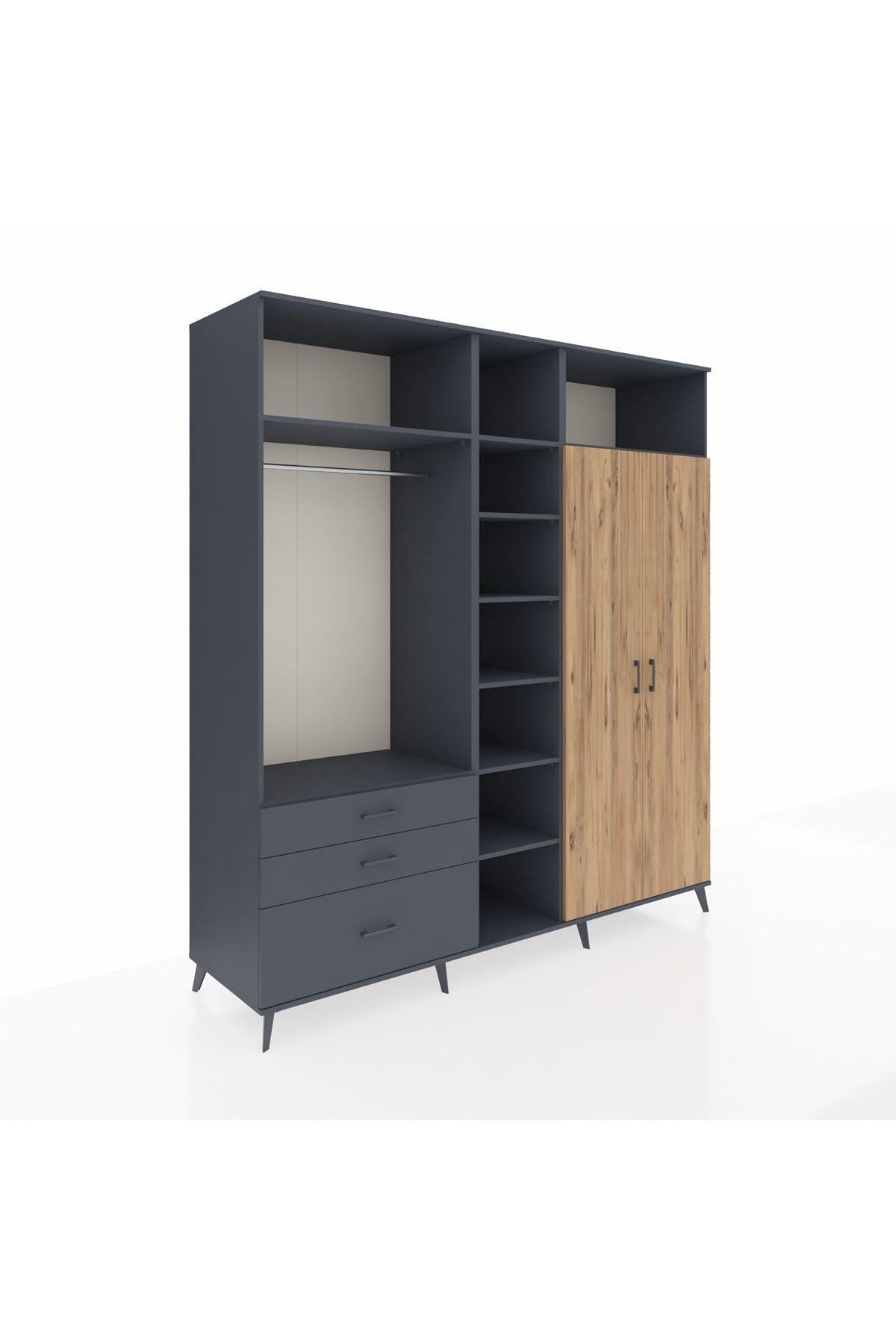 Kronos Dolap 10 Raflı 3 Çekmeceli 2 Askılı 220x59x243 Antrasit-Çam/Antrasit