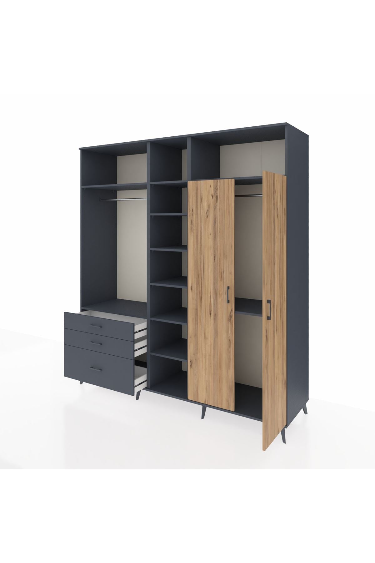 Kronos Dolap 10 Raflı 3 Çekmeceli 2 Askılı 220x59x243 Antrasit-Çam/Antrasit