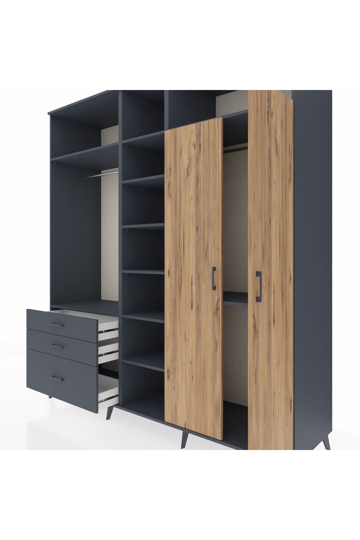 Kronos Dolap 10 Raflı 3 Çekmeceli 2 Askılı 220x59x243 Antrasit-Çam/Antrasit