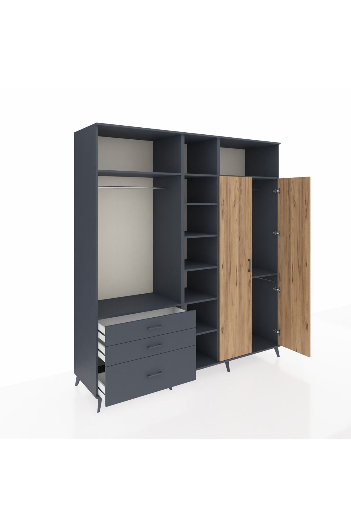 Kronos Dolap 10 Raflı 3 Çekmeceli 2 Askılı 220x59x243 Antrasit-Çam/Antrasit