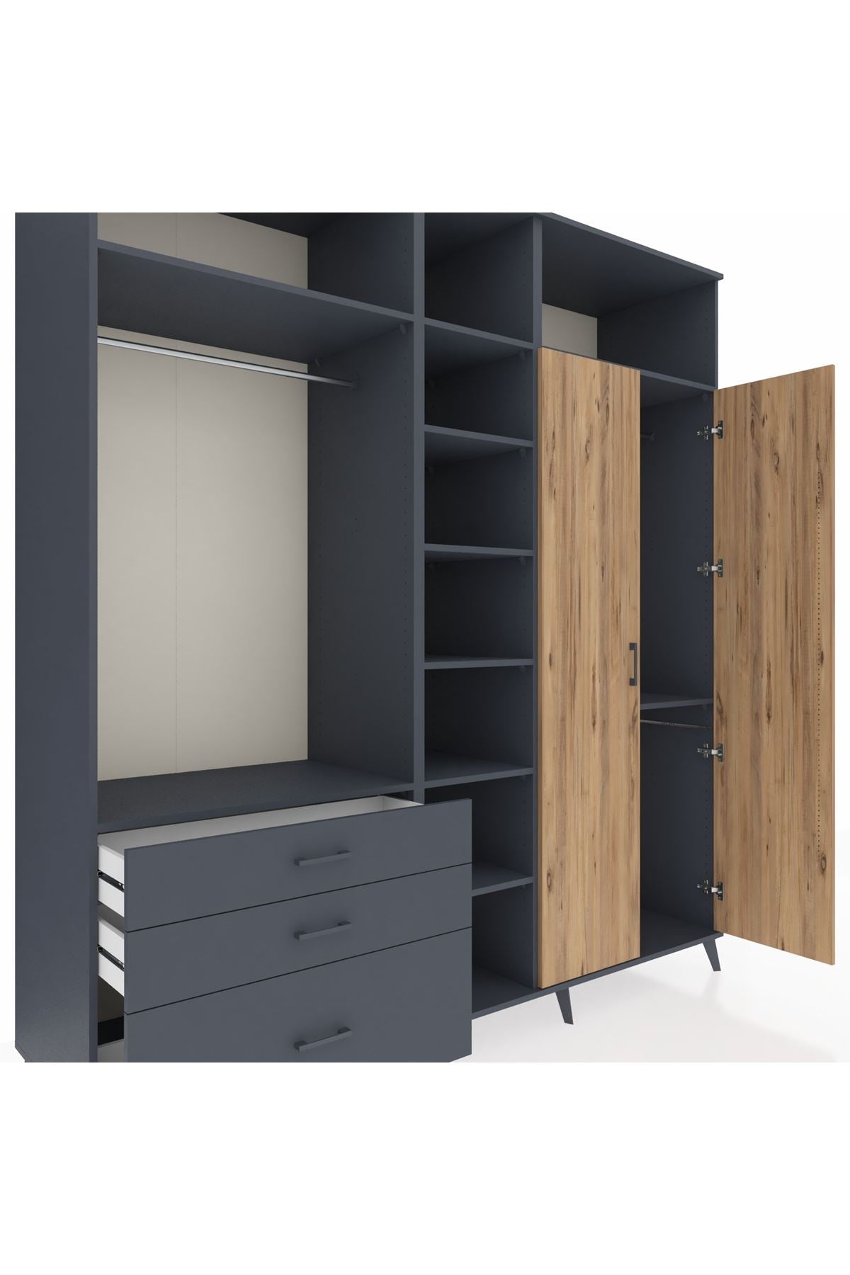 Kronos Dolap 10 Raflı 3 Çekmeceli 2 Askılı 220x59x243 Antrasit-Çam/Antrasit