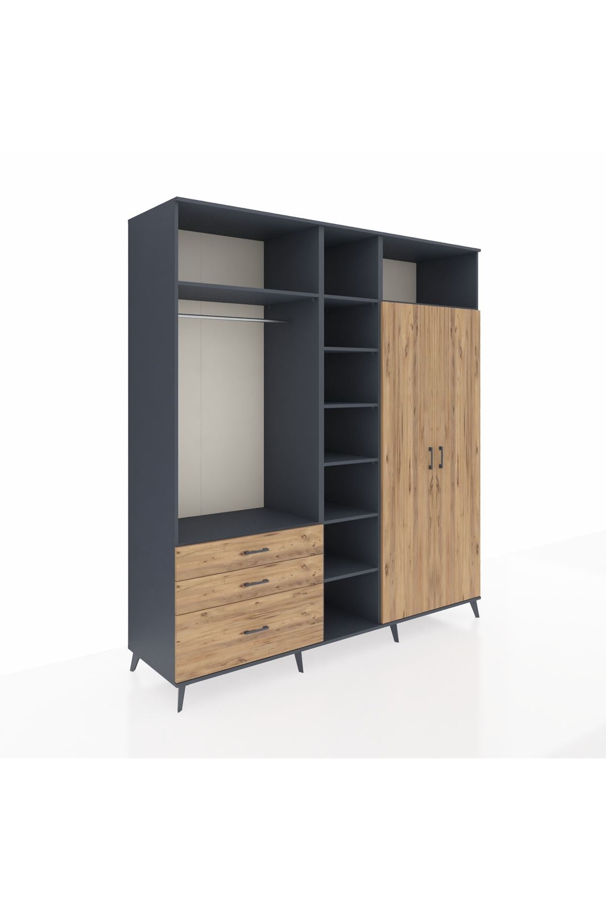 Kronos Dolap 10 Raflı 3 Çekmeceli 2 Askılı 220x59x243 Antrasit-Çam/Çam