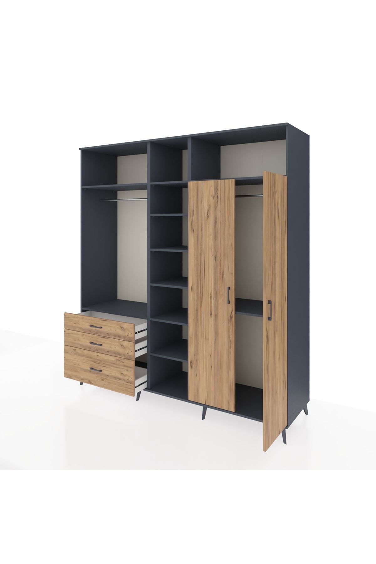 Kronos Dolap 10 Raflı 3 Çekmeceli 2 Askılı 220x59x243 Antrasit-Çam/Çam