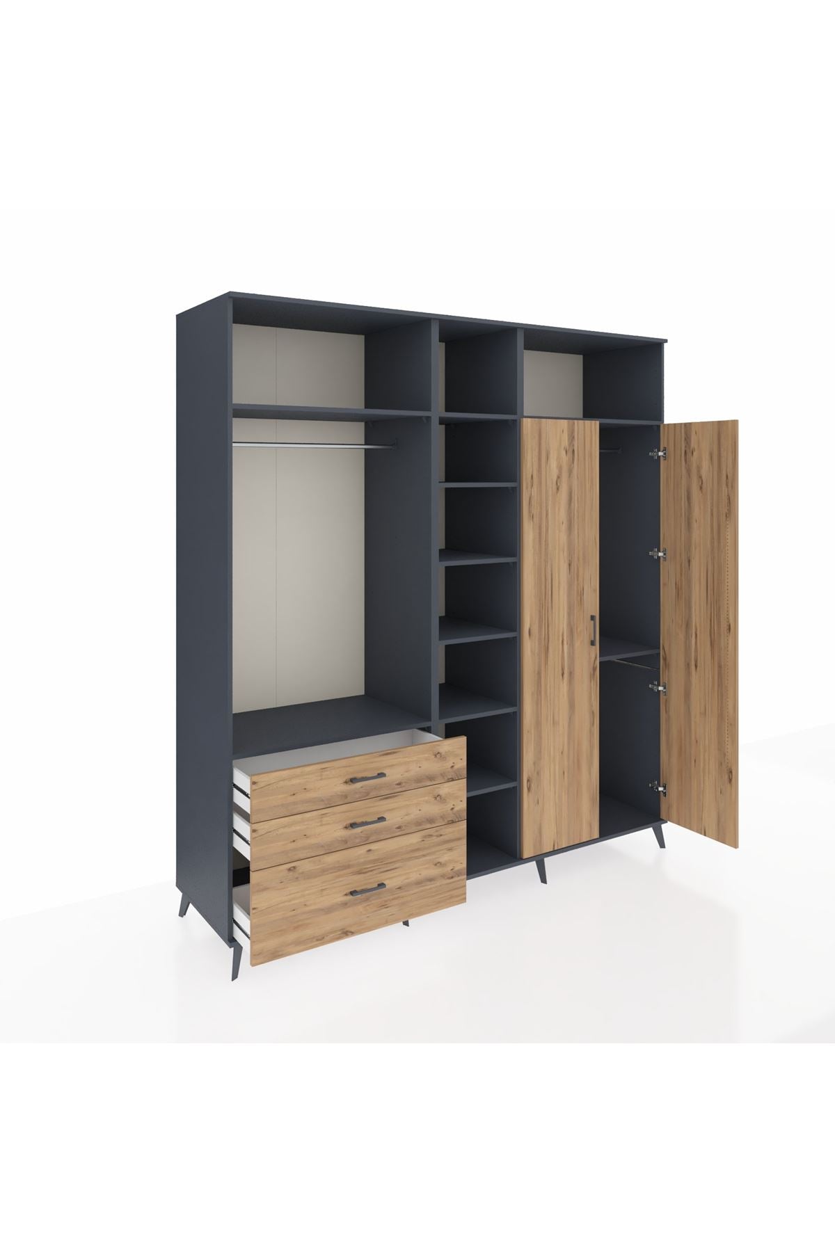 Kronos Dolap 10 Raflı 3 Çekmeceli 2 Askılı 220x59x243 Antrasit-Çam/Çam