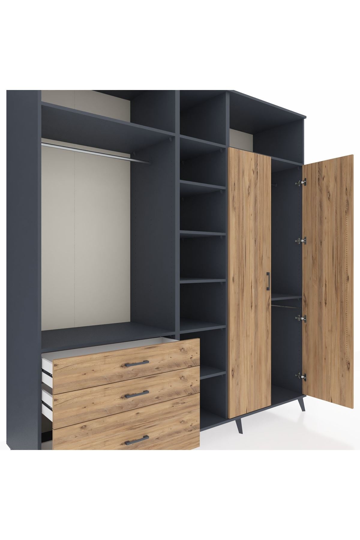 Kronos Dolap 10 Raflı 3 Çekmeceli 2 Askılı 220x59x243 Antrasit-Çam/Çam