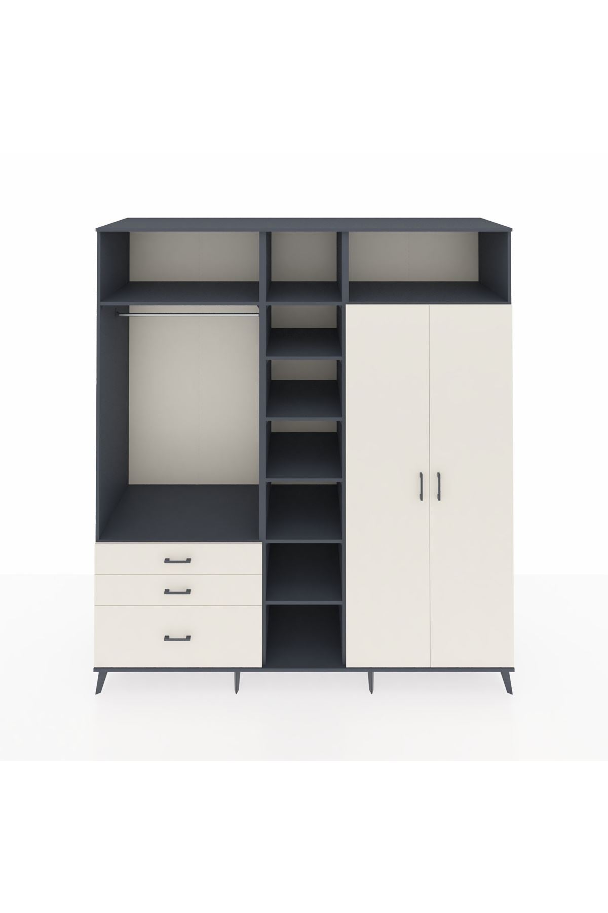 Kronos Dolap 10 Raflı 3 Çekmeceli 2 Askılı 220x59x243 Antrasit-Aytaşı/Aytaşı