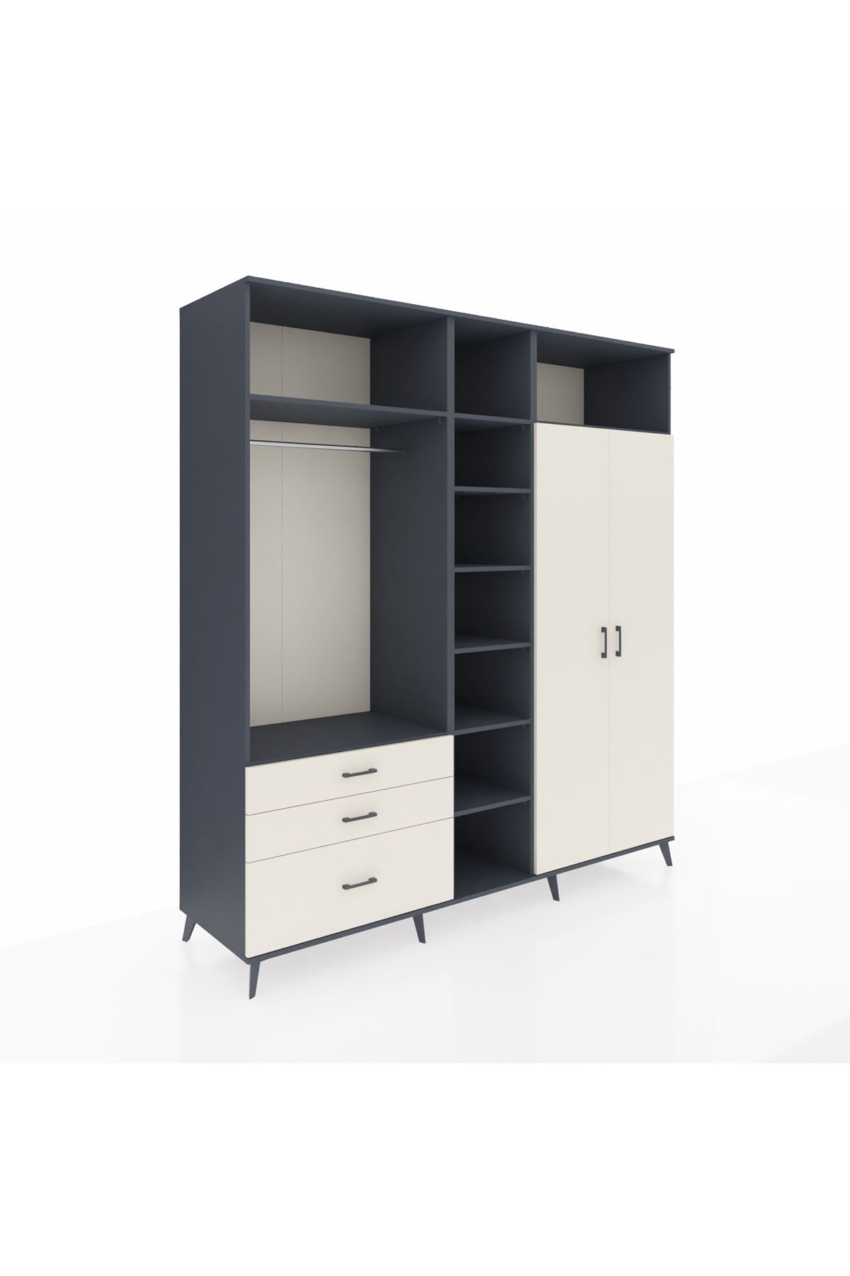 Kronos Dolap 10 Raflı 3 Çekmeceli 2 Askılı 220x59x243 Antrasit-Aytaşı/Aytaşı