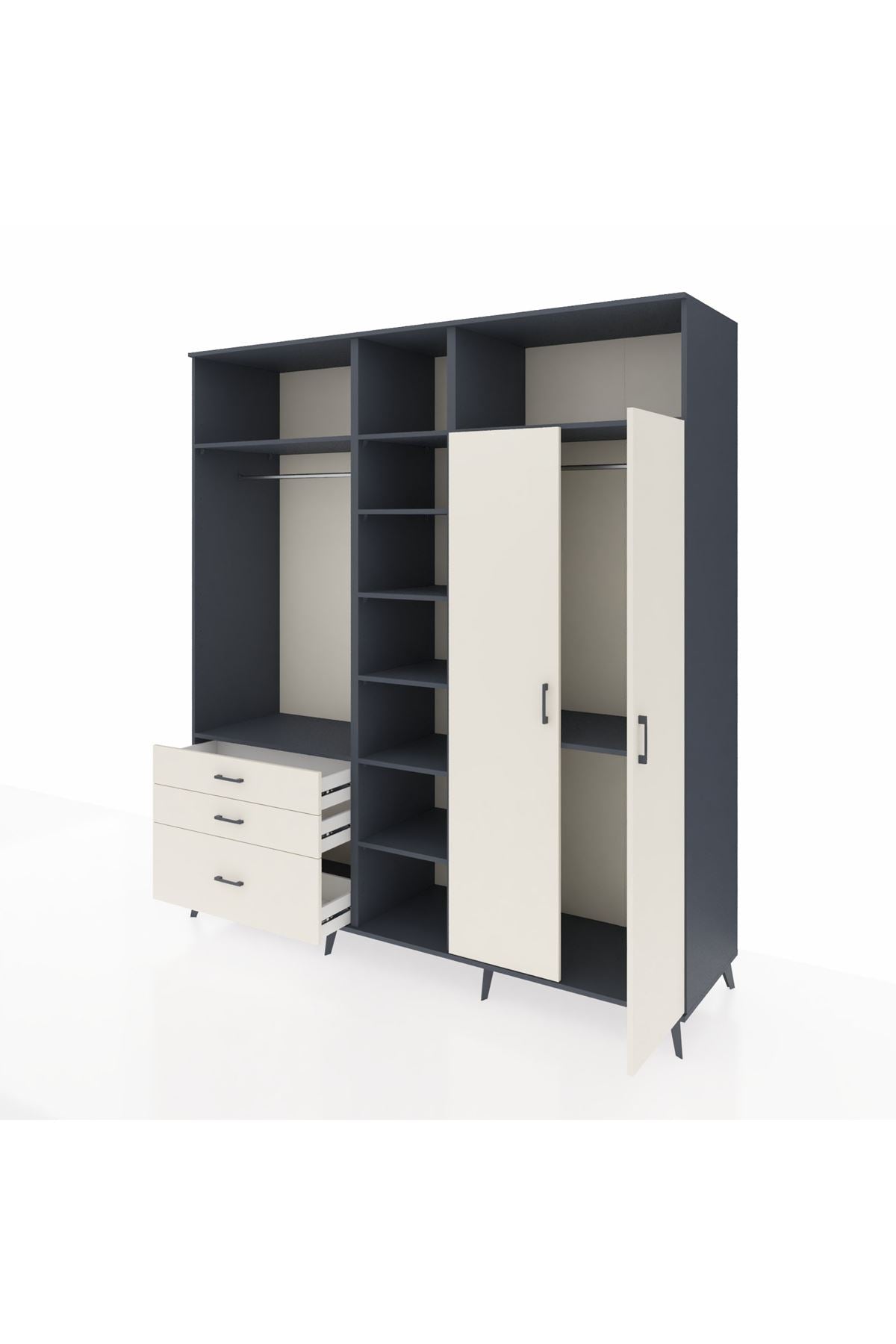 Kronos Dolap 10 Raflı 3 Çekmeceli 2 Askılı 220x59x243 Antrasit-Aytaşı/Aytaşı