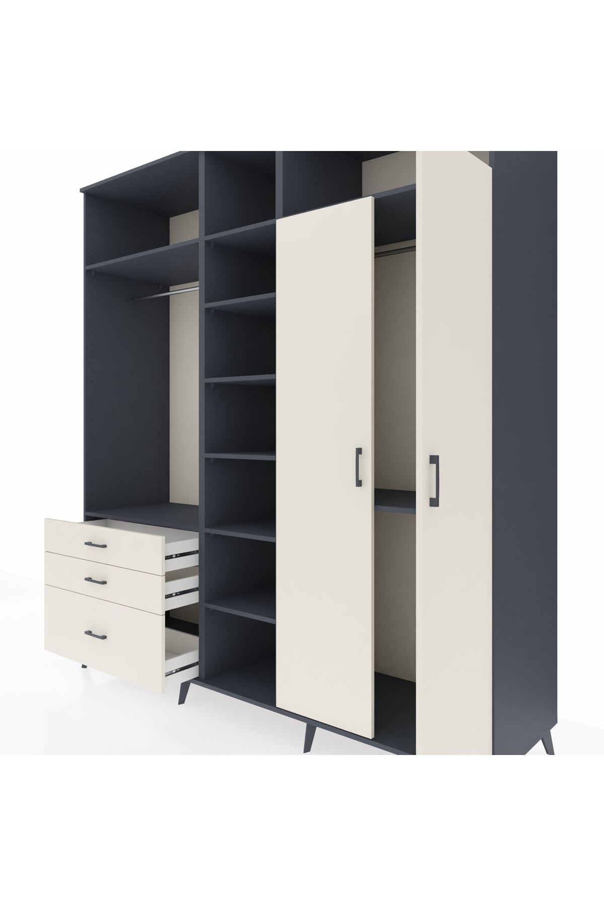 Kronos Dolap 10 Raflı 3 Çekmeceli 2 Askılı 220x59x243 Antrasit-Aytaşı/Aytaşı