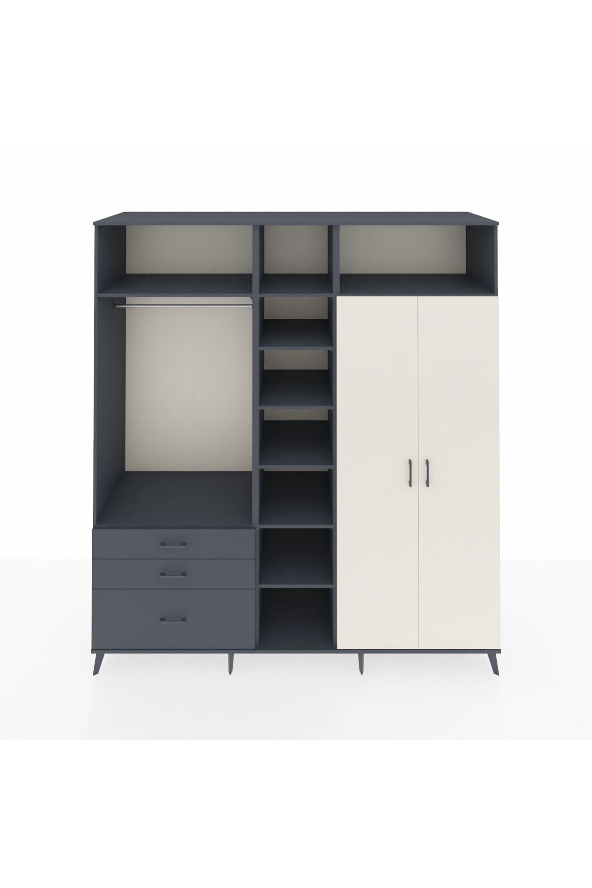 Kronos Dolap 10 Raflı 3 Çekmeceli 2 Askılı 220x59x243 Antrasit-Aytaşı/Antrasit