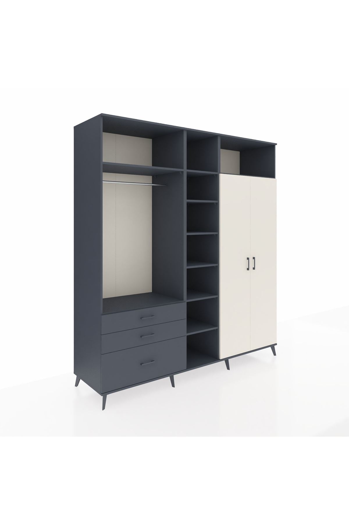 Kronos Dolap 10 Raflı 3 Çekmeceli 2 Askılı 220x59x243 Antrasit-Aytaşı/Antrasit