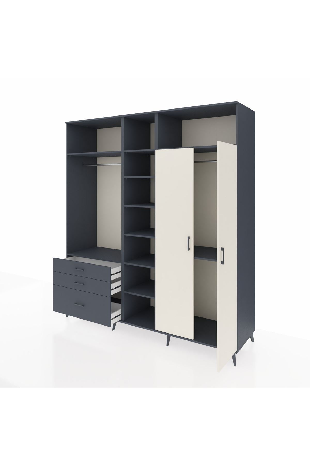 Kronos Dolap 10 Raflı 3 Çekmeceli 2 Askılı 220x59x243 Antrasit-Aytaşı/Antrasit