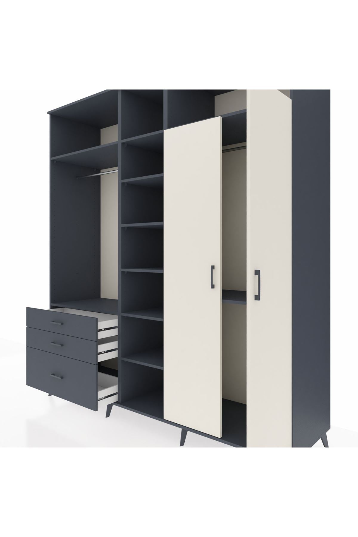 Kronos Dolap 10 Raflı 3 Çekmeceli 2 Askılı 220x59x243 Antrasit-Aytaşı/Antrasit