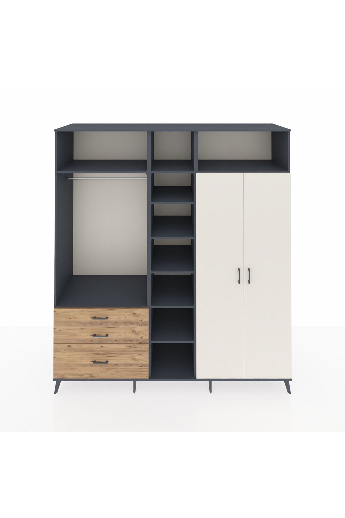 Kronos Dolap 10 Raflı 3 Çekmeceli 2 Askılı 220x59x243 Antrasit-Aytaşı/Çam