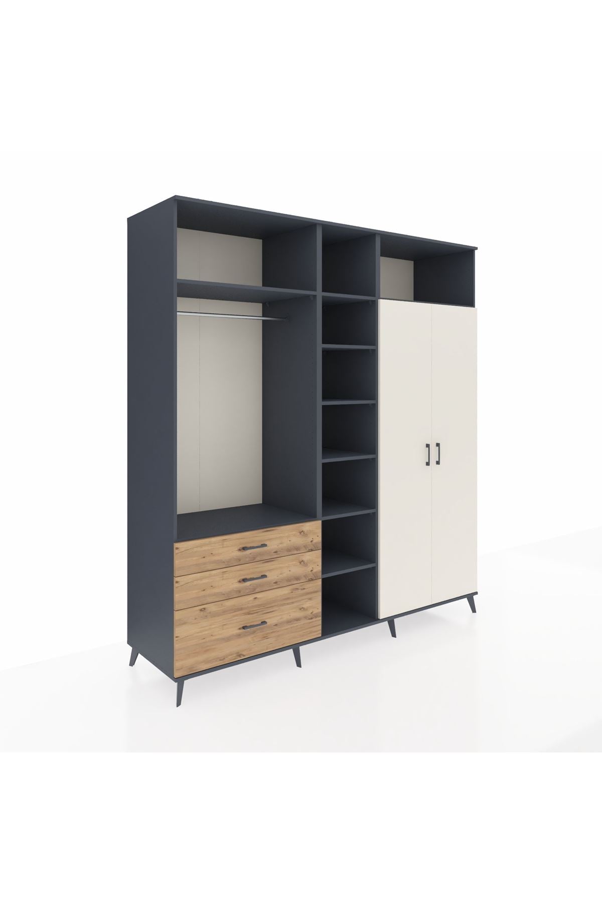 Kronos Dolap 10 Raflı 3 Çekmeceli 2 Askılı 220x59x243 Antrasit-Aytaşı/Çam